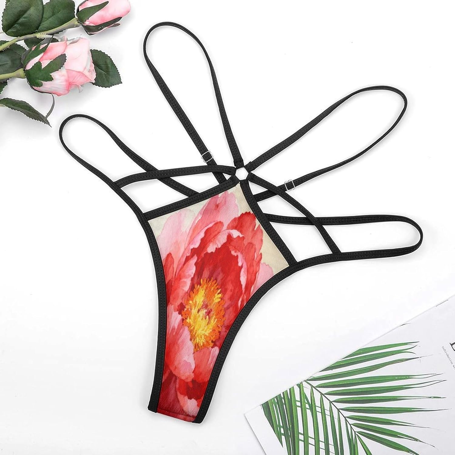 Women's Sexy G-String Thong Panties, Sheer Mesh T-back Underpants | Red Floral Breathable Stretchy Low Rise Underwear, Comfort Soft No Show Panties for Date Night, 3X-Large
