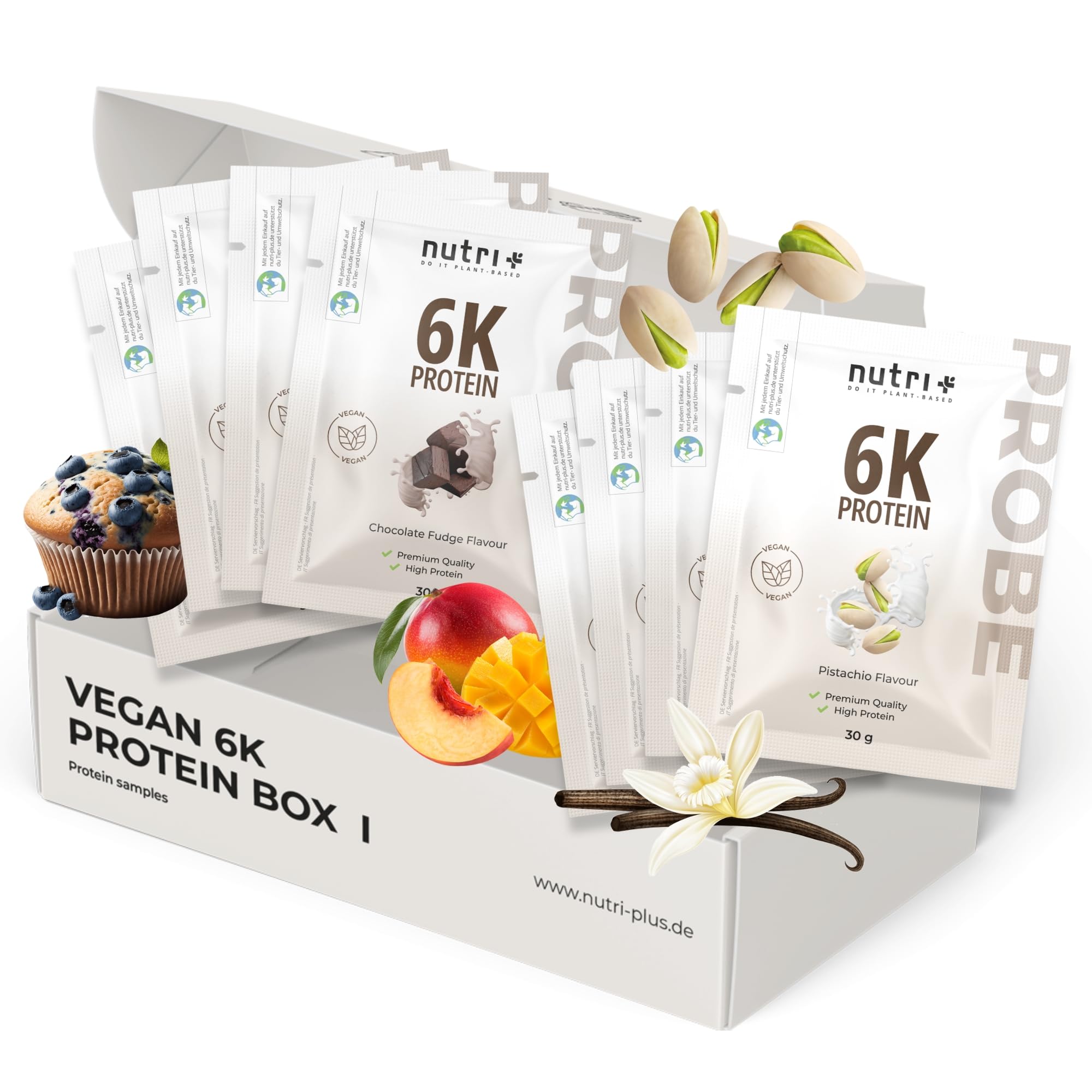 nutri+ Set di Campioni di Proteine (8x 30 g) - Pacchetto Degustazione Mix di Proteina in Polvere - Set Prova vegan Protein Powder 6k