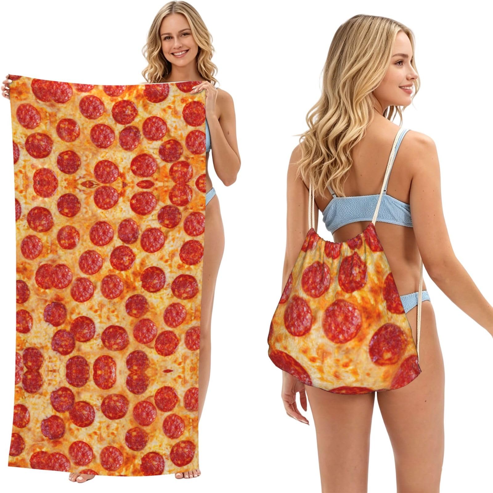 ESNAIUVCD 3d Pizza Pepperoni Print Beach Towel For Adults,Towel With Drawstring Bag, Travel Pool Swimming Sports Shower Sand Free Quick Dry Bath Towel For Pool, Beach, Yoga- 180x60cm