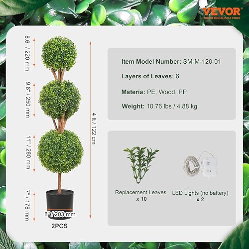Miniatura 7 de Árbol topiario artificial de boj, 48 pulgadas de alto (2 piezas), árbol topiario sintético en forma de triple bola, planta sintética verde con hojas