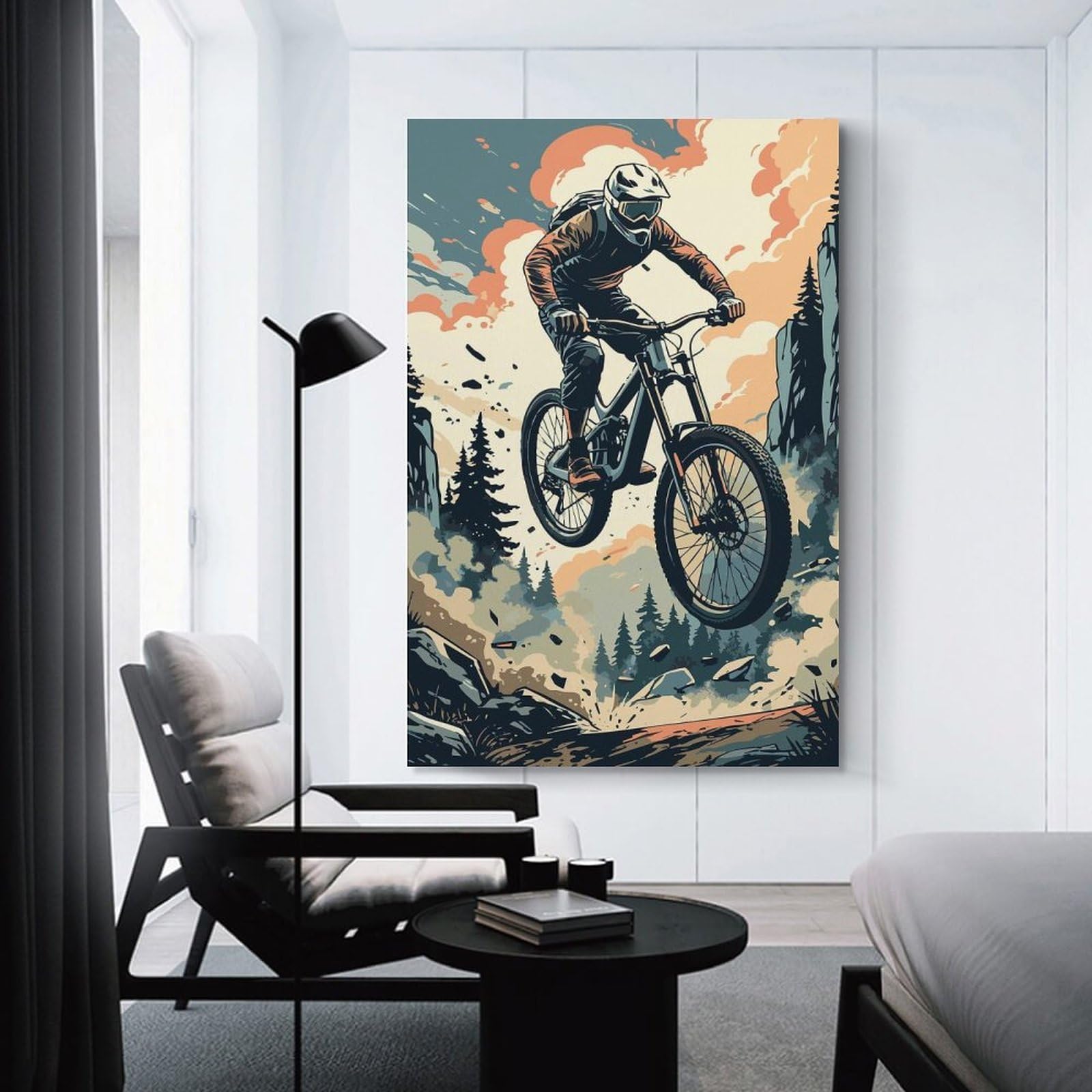 Junmoney Mountain Biker Jumping Off A Cliff Wall Art Print, 24x36inch(60x90cm), for Bedroom Decor, Cosy Corners Or Studios, Decorative Wall Art for Cosy Rooms