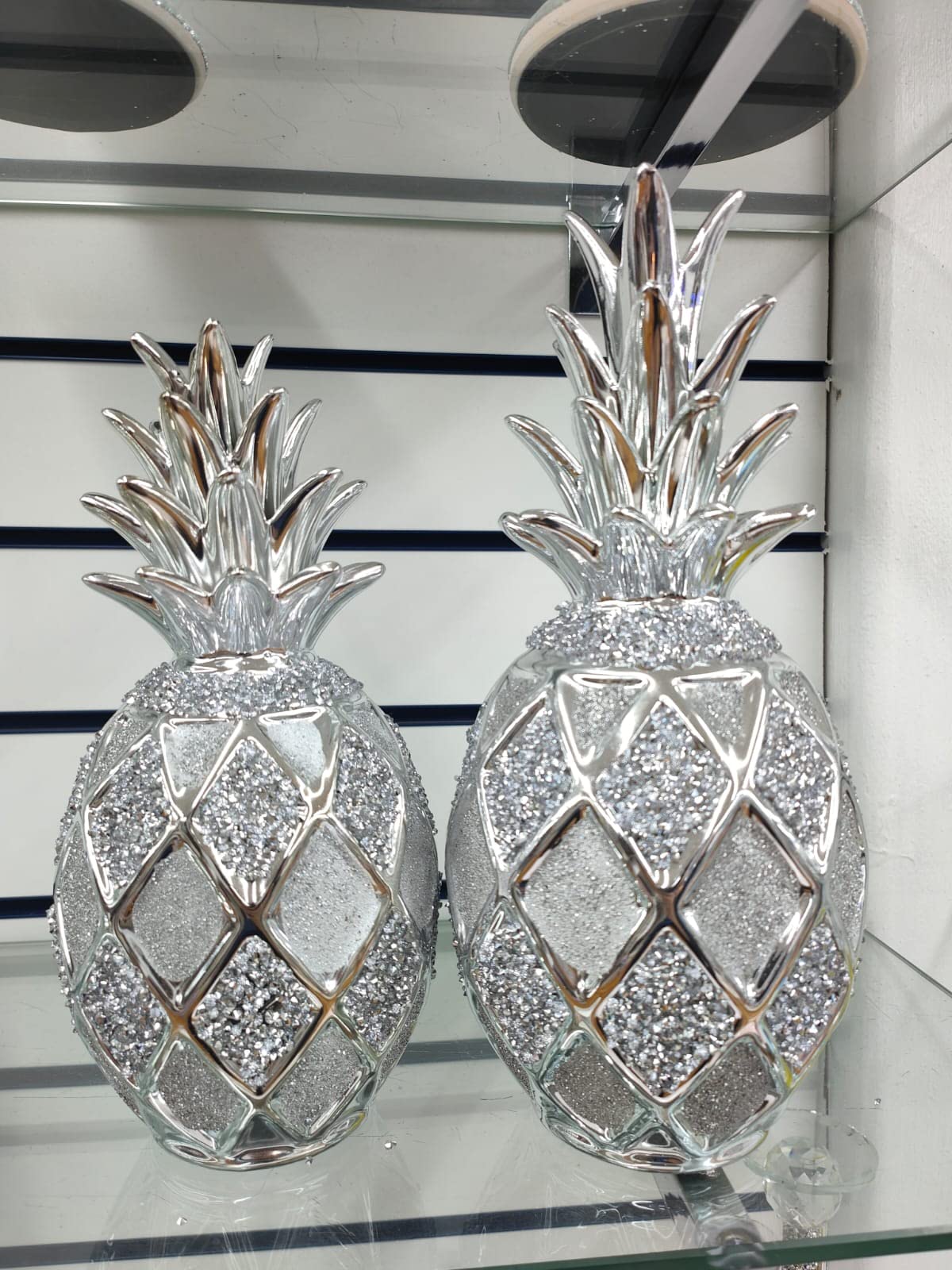 Biznest Silver Xl Set Of 2 Pineapples Sparkle Bling Ornament Crushed Diamond Shelves Display