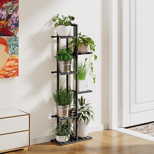 Miniatura 6 de ROSSNY Soporte para plantas de interior, 6 niveles y 7 macetas de bambú para plantas de interior, soporte de esquina para plantas, soportes para