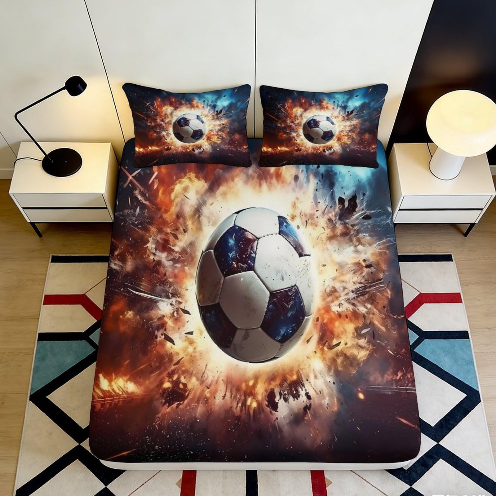 3D Printed Soccer Explosion Fitted Sheet Microfiber Soft Non-slip Bed Cover for Bedroom Dorm Mattress Decor, Machine Washable 120x200x25cm