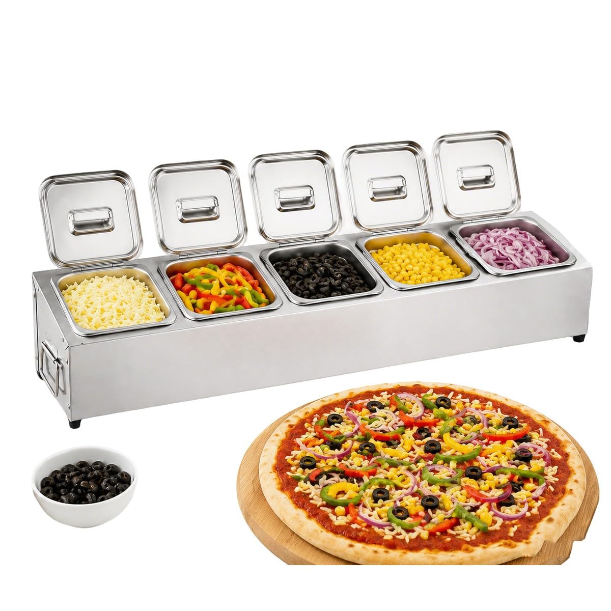 Bananaww Pizza Topping Station with Lids, Stainless Steel Compartment Removable Ingredient Containers, Pizza Topping Containers for Pizza Prep, Garnish, Sauce, Salad Bar