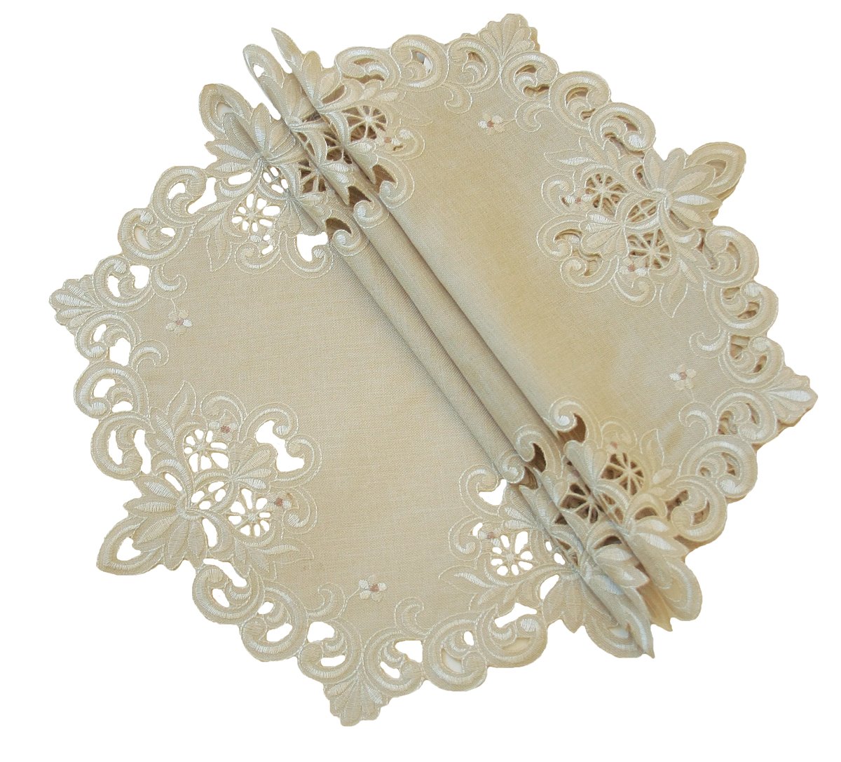 Xia Home Fashions Victorian Lace Embroidered Cutwork Round Doily, 12-Inch, Taupe, Set of 4