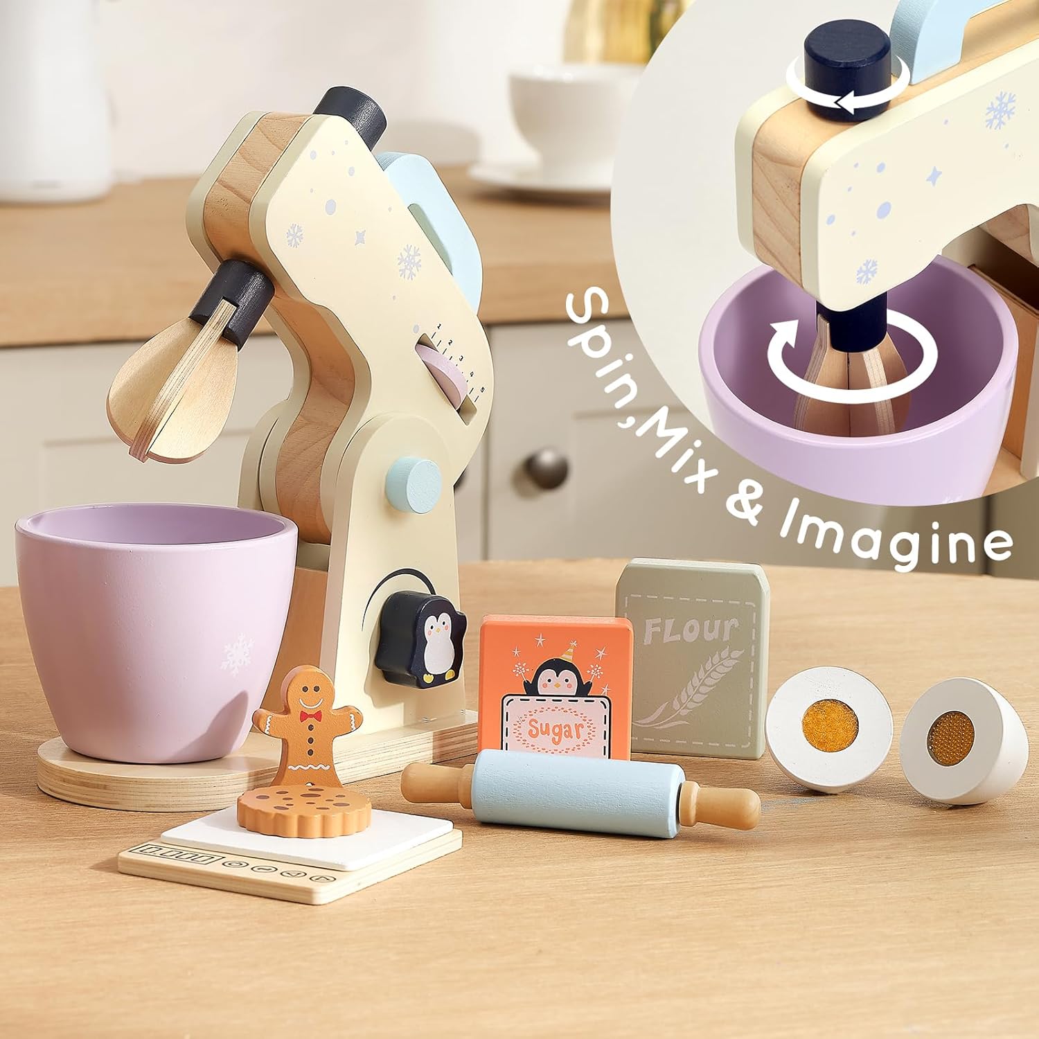 PairPear Wooden Toy Mixer for Kids Kitchen Playset –10 Piece Play Mixer Wooden Play Food Kitchen Cookie Bakery Toys, Kids Mixer Play Kitchen Accessories for Age 3+ Girls and Boys - Image 2