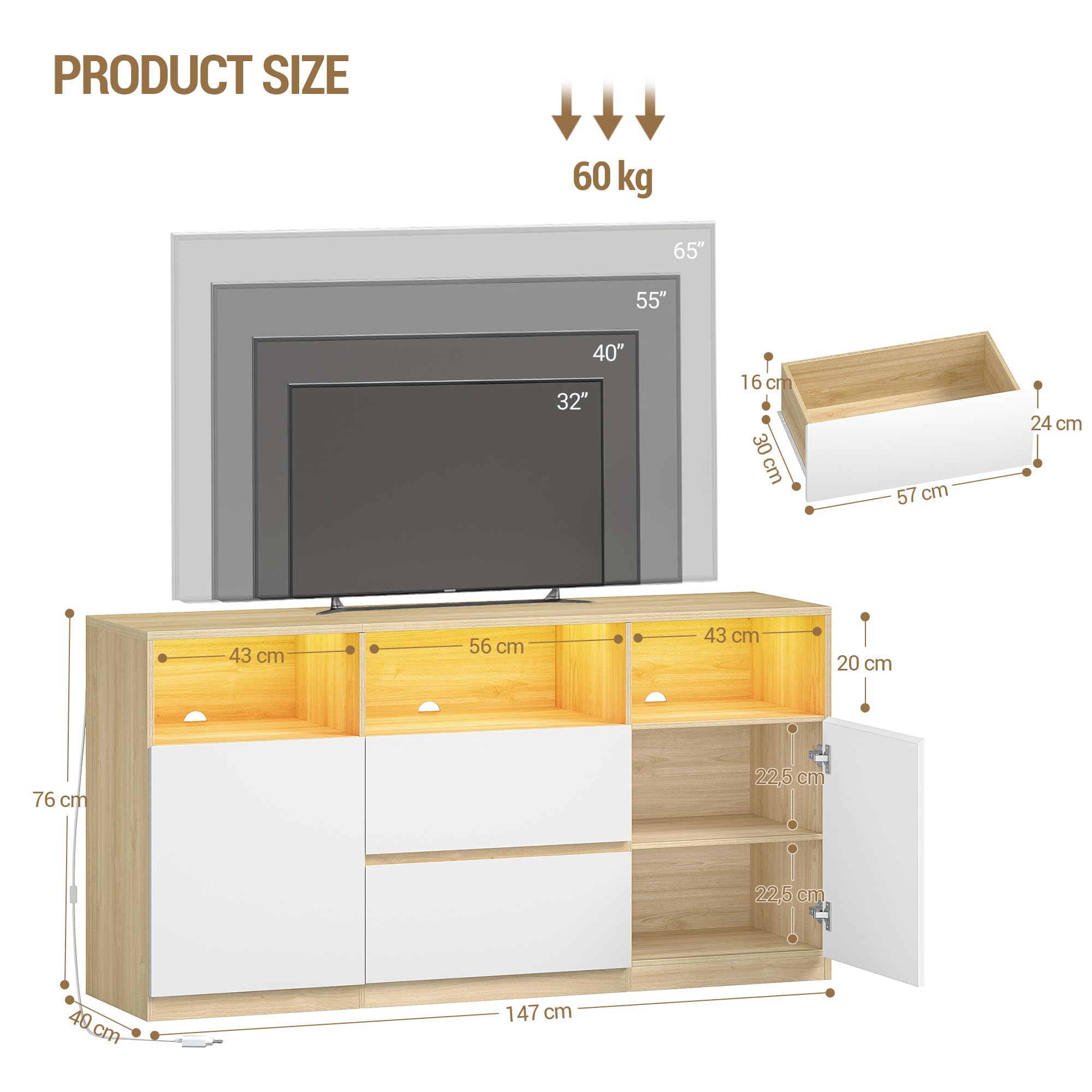 Hzuaneri Mobile TV, Luci LED, 147 x 40 x 76 cm Rovere e Bianco | 3 Scomparti Aperti, Tavolino Porta TV fino a 65 Pollici, con 2 Cassetti, 2 Gabinetto, Soggiorno, Camera da Letto, TV17031XEU