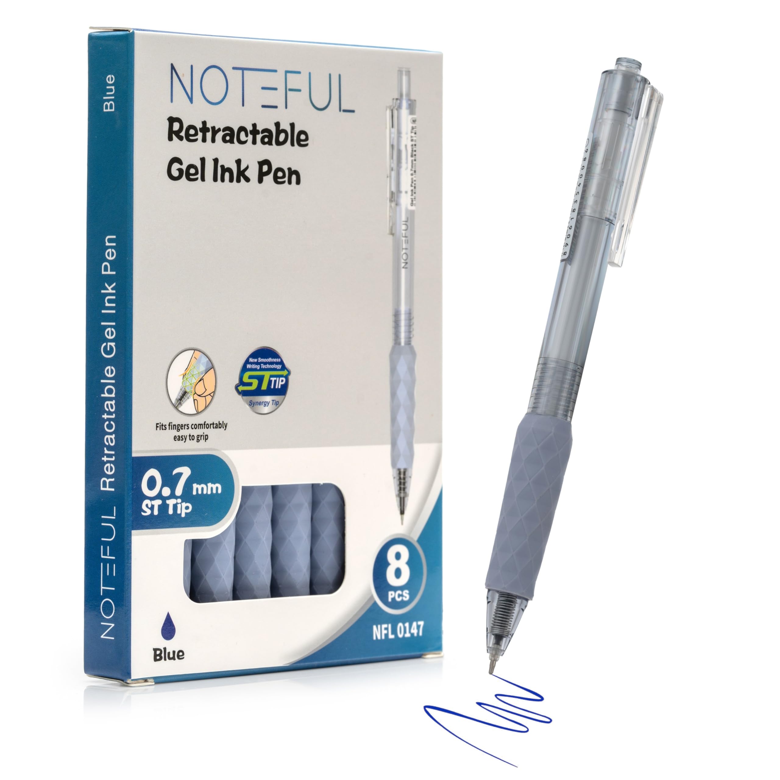 NOTEFUL Retractable Gel Pens Clicker, Medium Point 0.7, Premium Comfort Grip for Smooth Writing Planner and School Supplies (Black, 1 Count (Pack of 8)) (Blue)