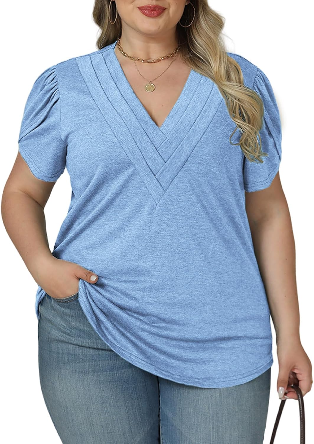 VISLILY Womens-Plus-Size-Summer-Tops Casual Petal Short Sleeve T Shirts Trendy V Neck Blouses Flowy Dressy Tunics XL-5XL - Image 2