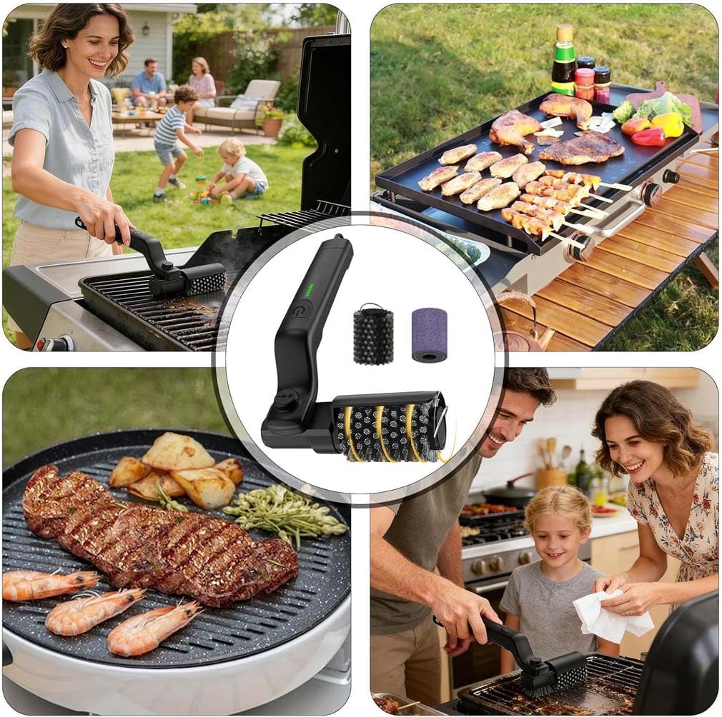 Kabelloser elektrischer Grillbürstenreiniger, Elektrische Grillbürste mit Verstellbarem Winkel, Elektrischer Grillreiniger Borstenfrei, Grillreiniger Schrubber, BBQ Powerbürste Zur Grillreinigung