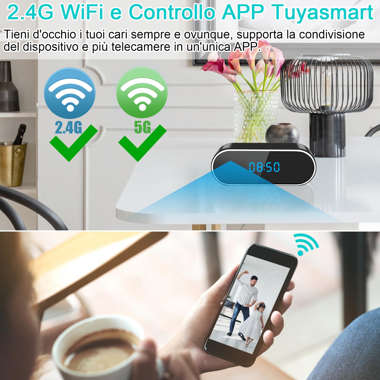 UYIKOO Telecamera Nascosta WiFi, 2,4G/5G Telecamera Spia Orologio 120°, Senza Fili Spy Cam Microcamera Spia 1080P HD con Visione Notturna Rilevamento del Movimento Tuya APP