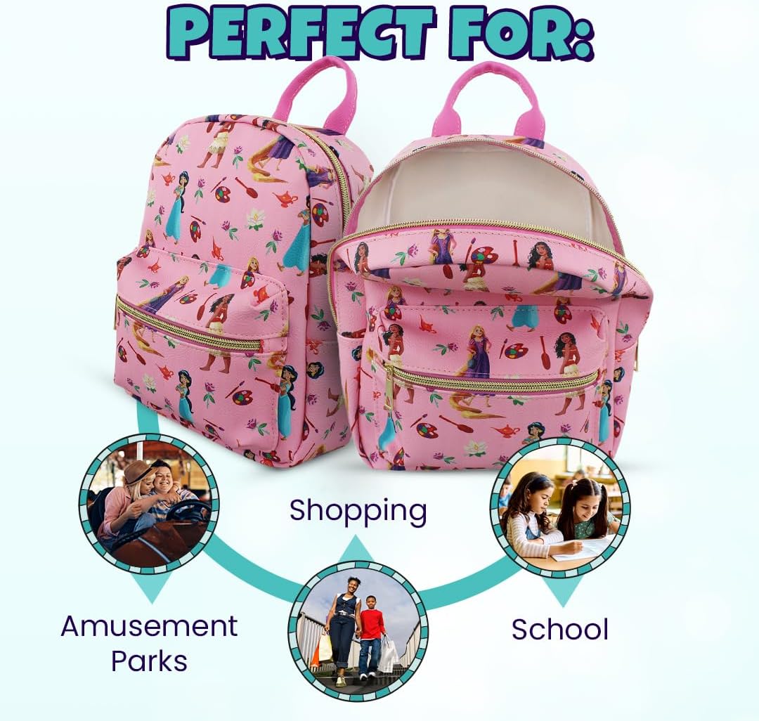 Disney Princess with Flowers Mini PU Leather Backpack Purse with Adjustable Straps 10 In (Pink, One Size)