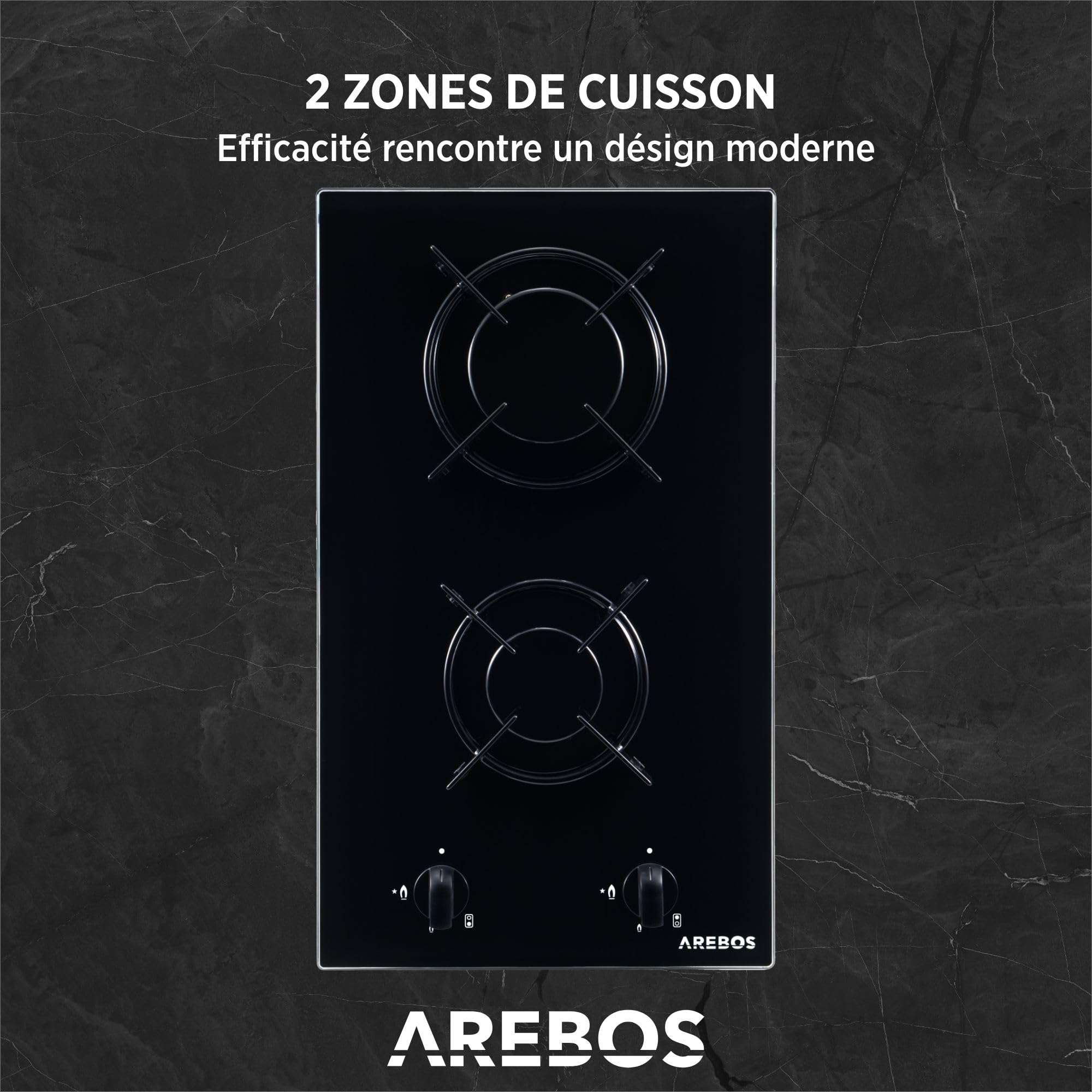 Arebos Plaque de cuisson à gaz 30 cm 2 brûleurs | Verre trempé | Encastrable avec supports en fonte | Compatible gaz naturel et propane | Sécurité d’allumage intégrée
