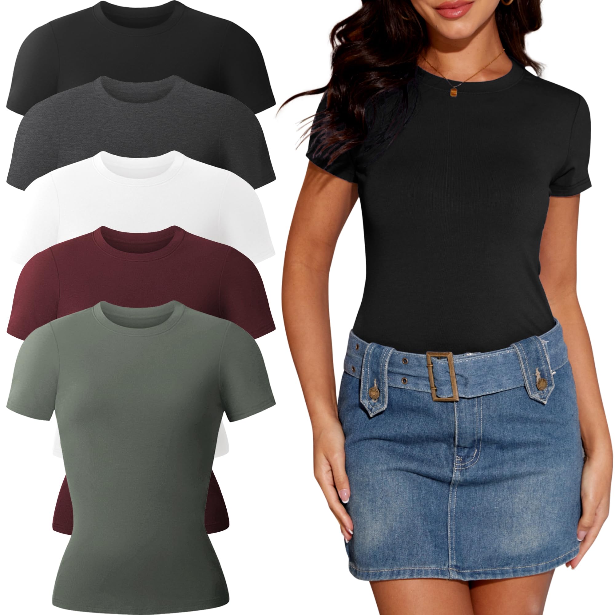 Camiseta Mujer Manga Corta Tops Casual Básica 5Pcs | Ajustada Cuello Redondo Viscosa,suave & elástica.Transpirable,lavable a máquina.Para Pilates,danza & uso diario