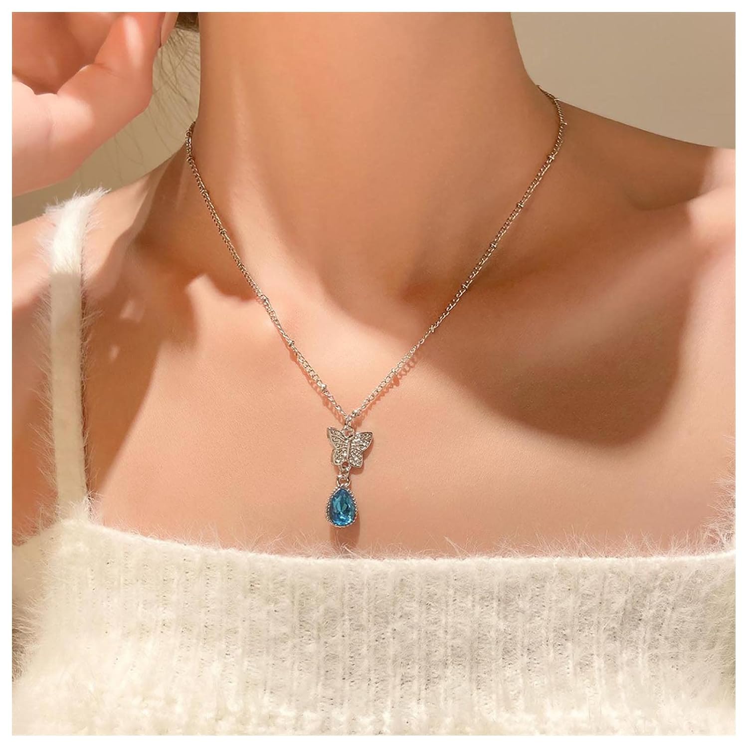 Andelaisi Boho Rhinestone Butterfly Choker Necklace Blue Sapphire Necklace Choker Silver Crystal Butterfly Pendant Necklace Sparkly Cz Butterfly Sapphire Collar Necklace for Women - Image 2