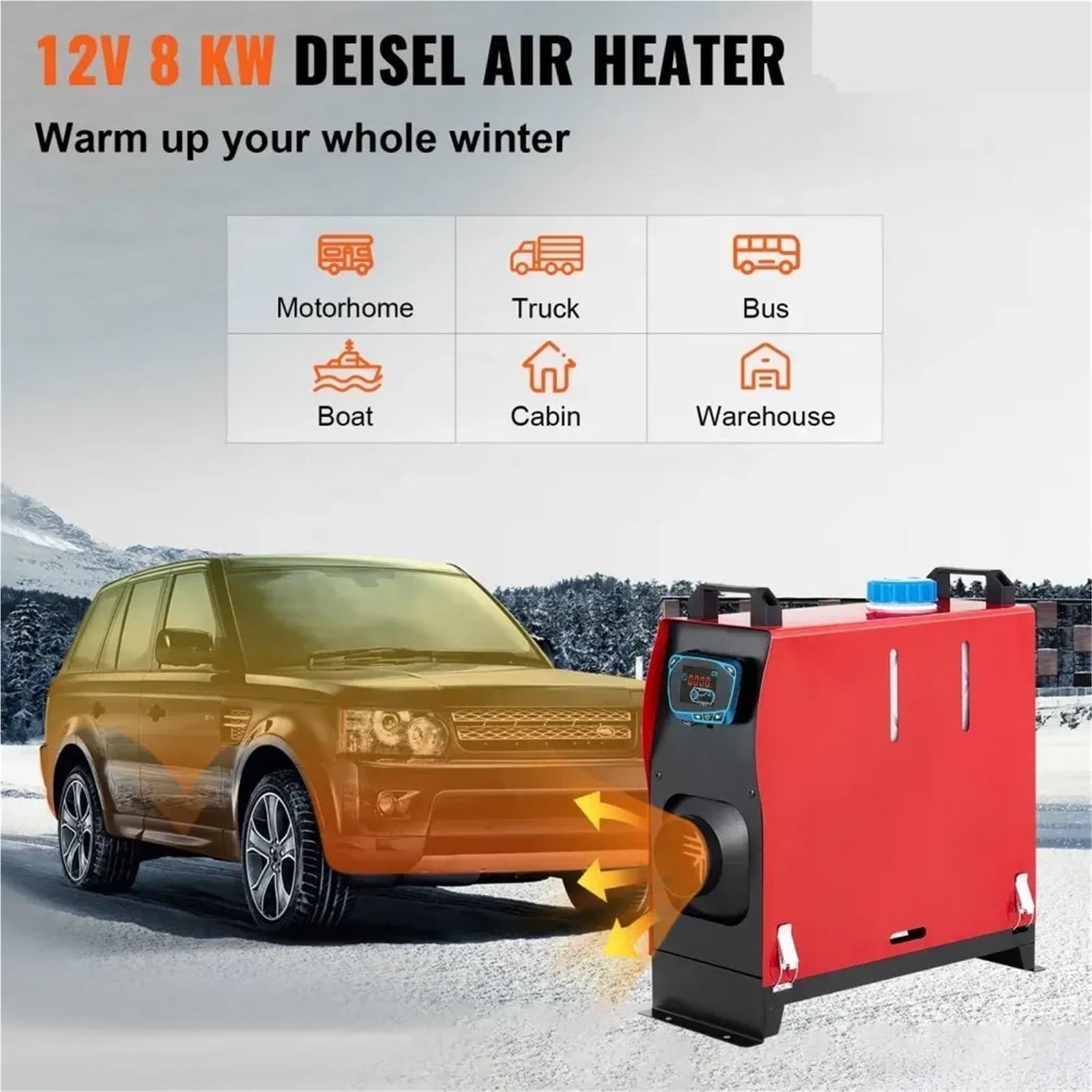 Nagrzewnica postojowa Ogrzewacz Postojowy 8 KW, 12 V, Samochodowy, Nagrzewnica Powietrza Na Olej Napędowy Wielofunkcyjny Z Monitorem LCD, Autobus, Przyczepa, Łódź, Bagażnik samochodowy
