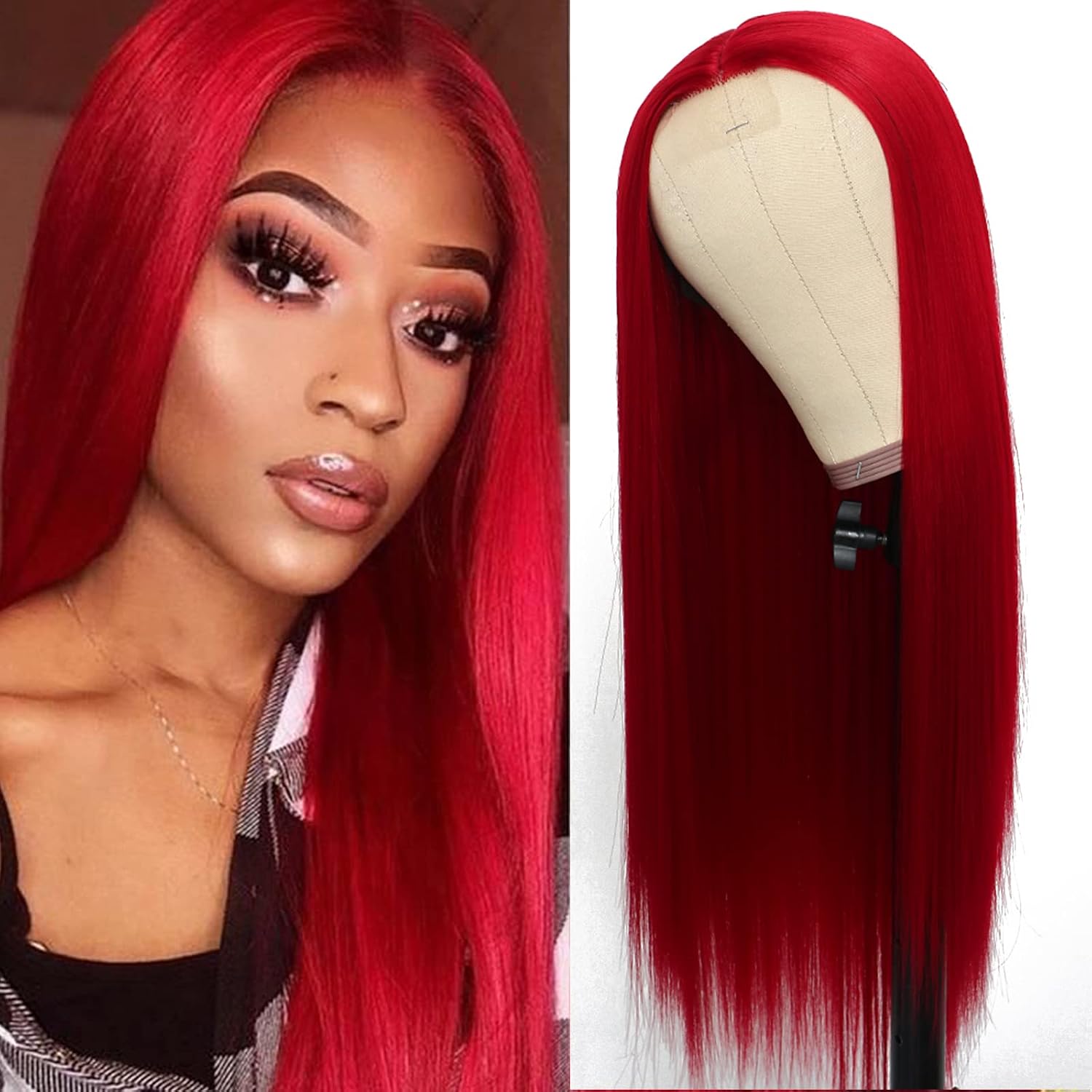 Lovestory Long Straight Hair Red Color Synthetic Hair Wig for Women Glueless Synthetic No Lace Wig Natural Hairline
