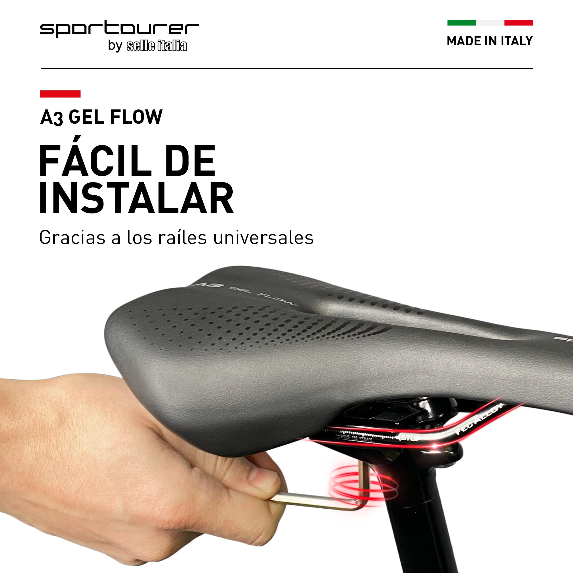 Selle Italia A3 GEL FLOW - Cómodo Sillín de Bicicleta con Gel, Agujero Anatómico, Resistente al Agua y Apto para Todo Tipo de Bicicletas - Negro