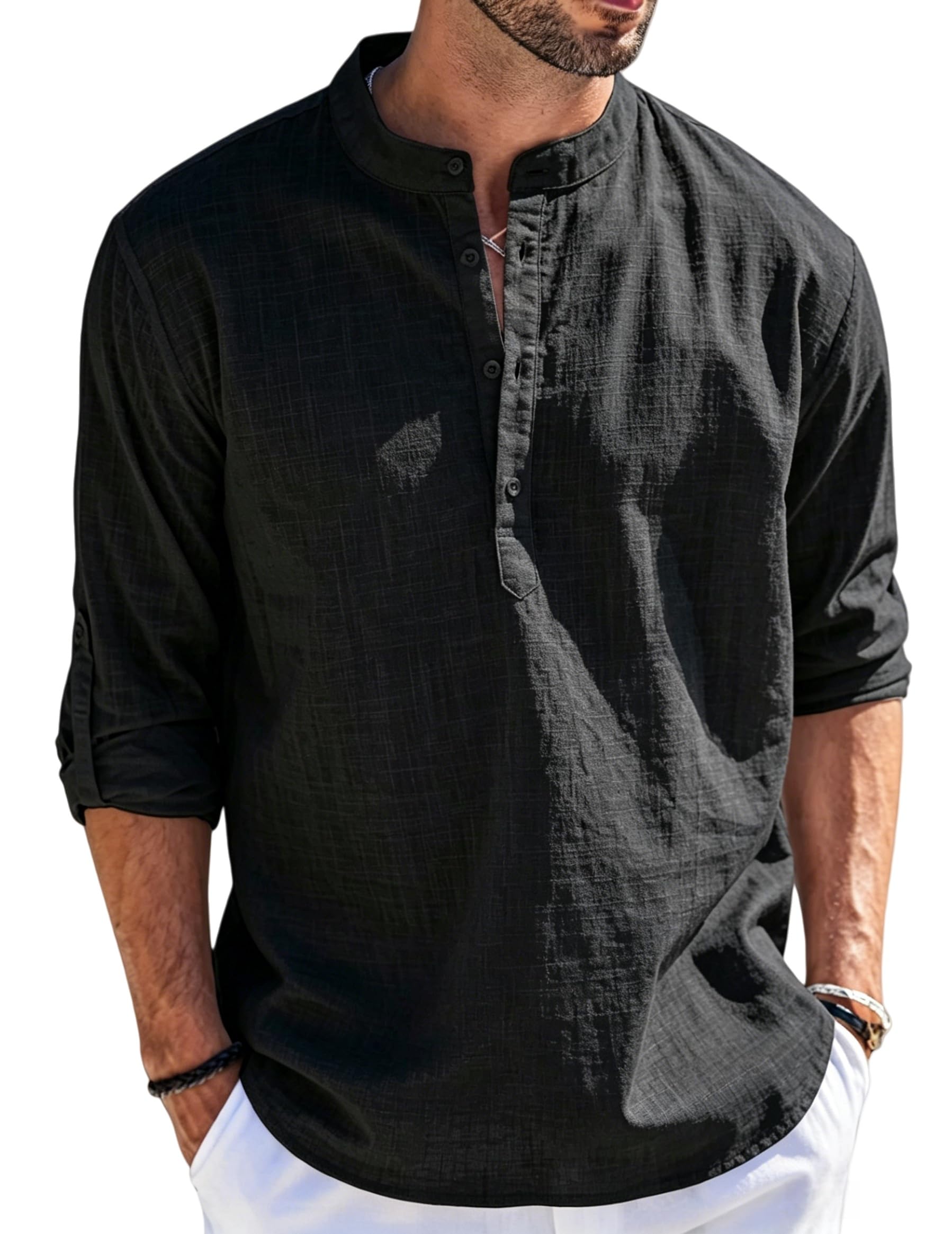 Cegerne Camicia Lino Uomo Maniche Lunghe Estiva Leggera Traspirante Henley Casual Maglietta Casacca Vacanze Spiaggia