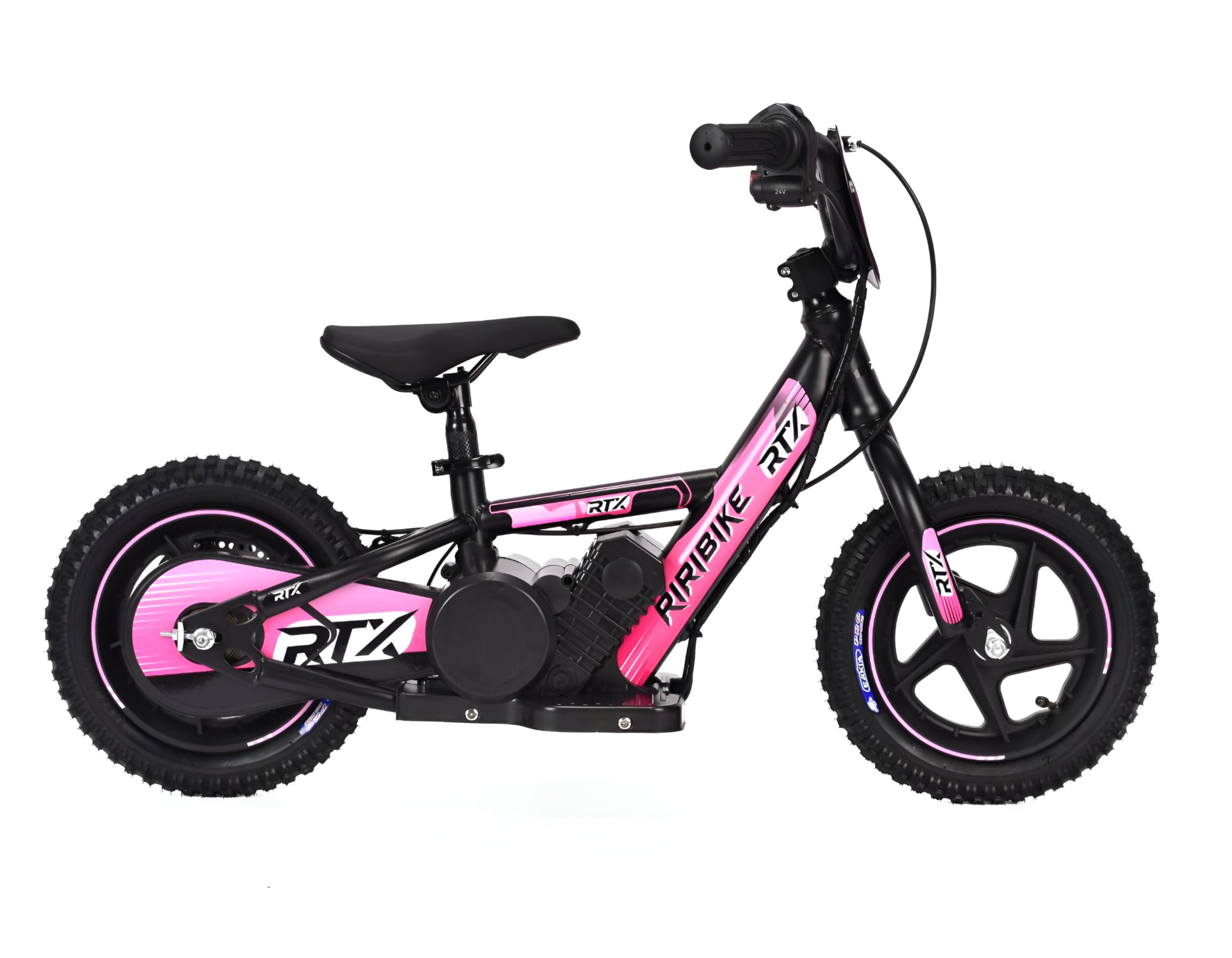 Bici elettrica per bambini RIRIBIKE RTX3 24V (12"), rose, Batteria al litio, Motore 100W, Freno a disco, Sedile regolabile in morbido PU