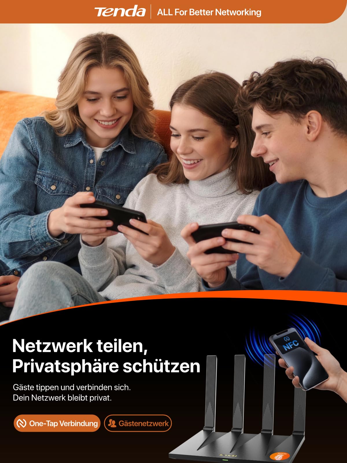 Tenda AX12 Pro WiFi 6 Router AX3000 Dualband (2402Mbps 5 GHz + 574Mbps 2,4 GHz), 7dBi 180° klappbaren Antennen, 4xGigabit Ports, WPA3, EasyMesh, VPN, MU-MIMO, OFDMA, NFC One-Touch Verbindung, ohne DSL