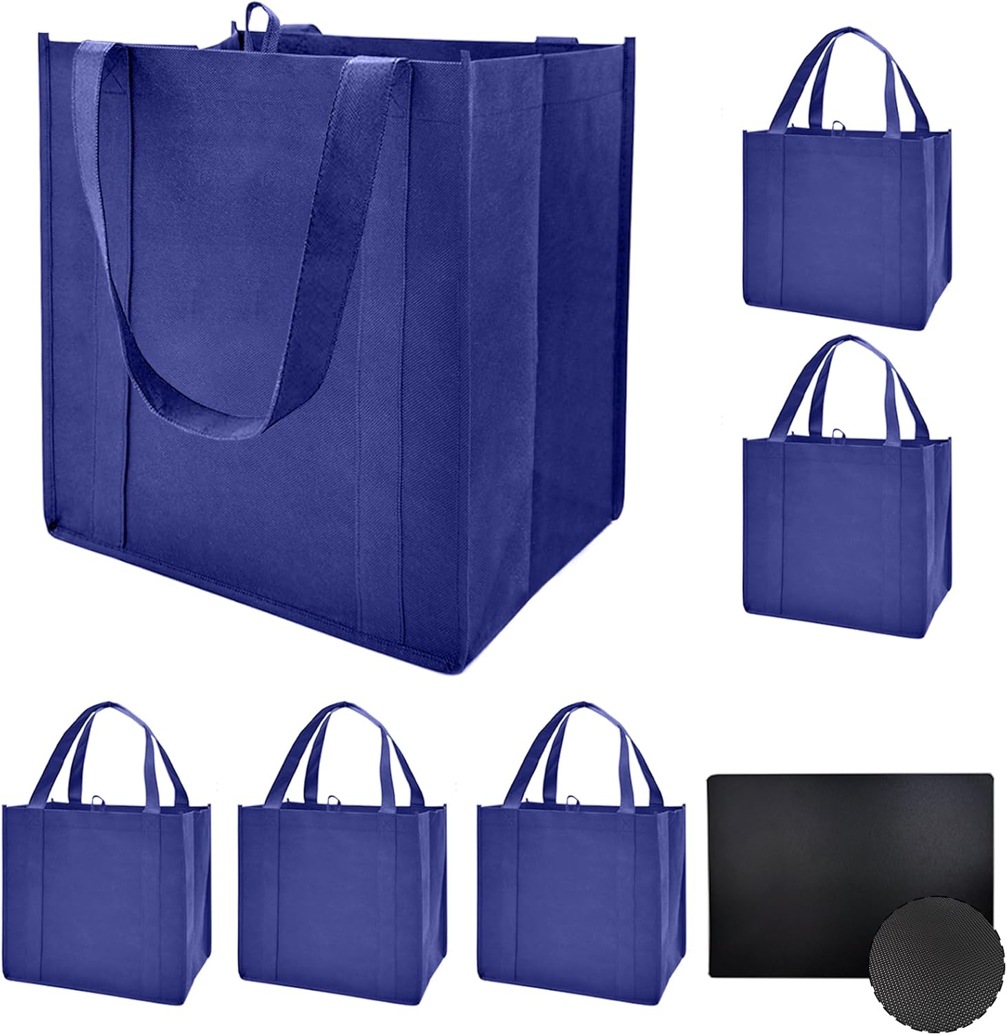 6 Pack Reusable Reinforced Handle Grocery Bags - Heavy Duty Large Shopping Totes with Thick Plastic Bottom can hold 45+ lbs (6, Blue)