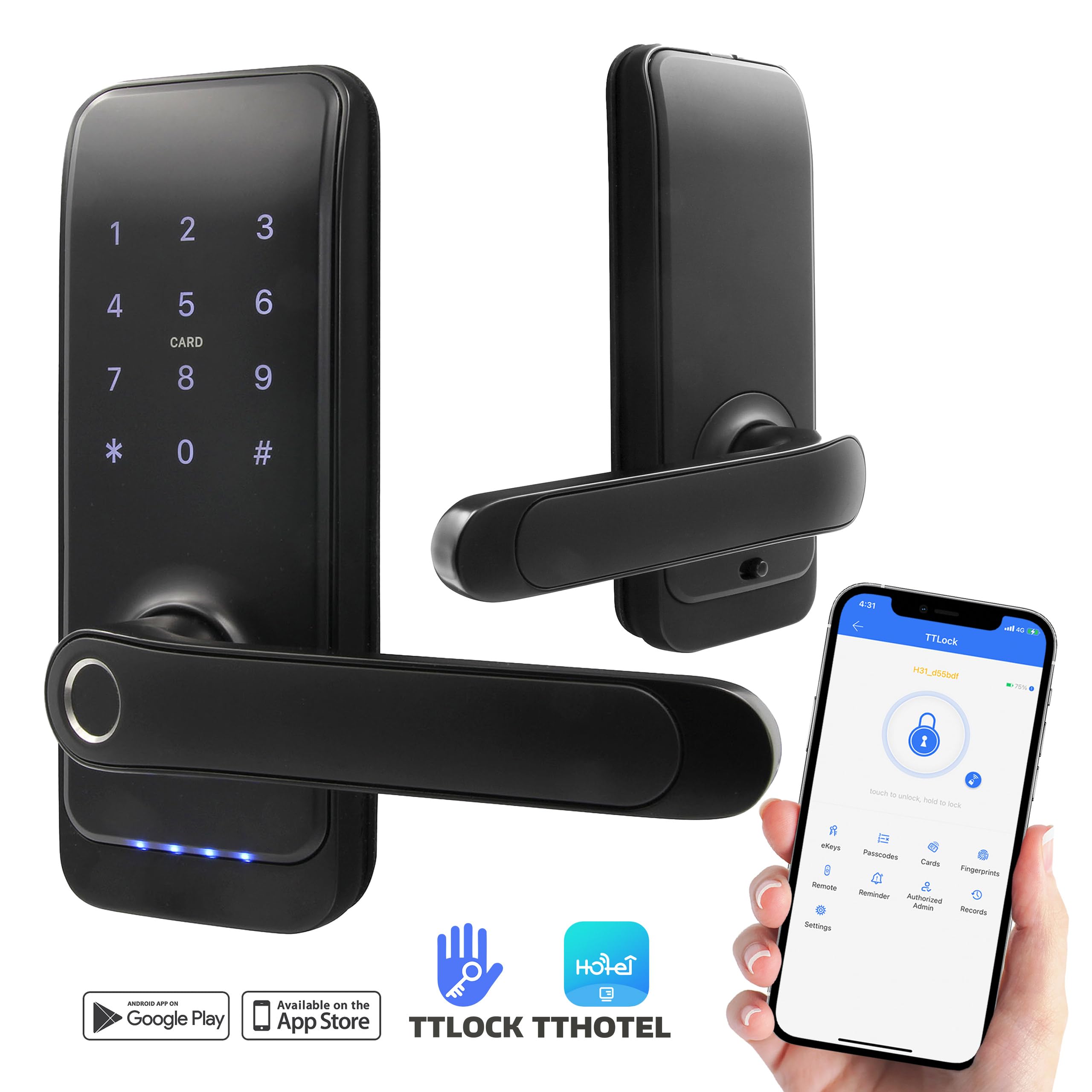 EURA ELH-01H4 Serrure de porte intelligente avec poignée, serrure à code, lecteur de proximité 13,56 MHz, lecteur biométrique, application TTLock/TTHotel, IP65, distance universelle des verrous, noir