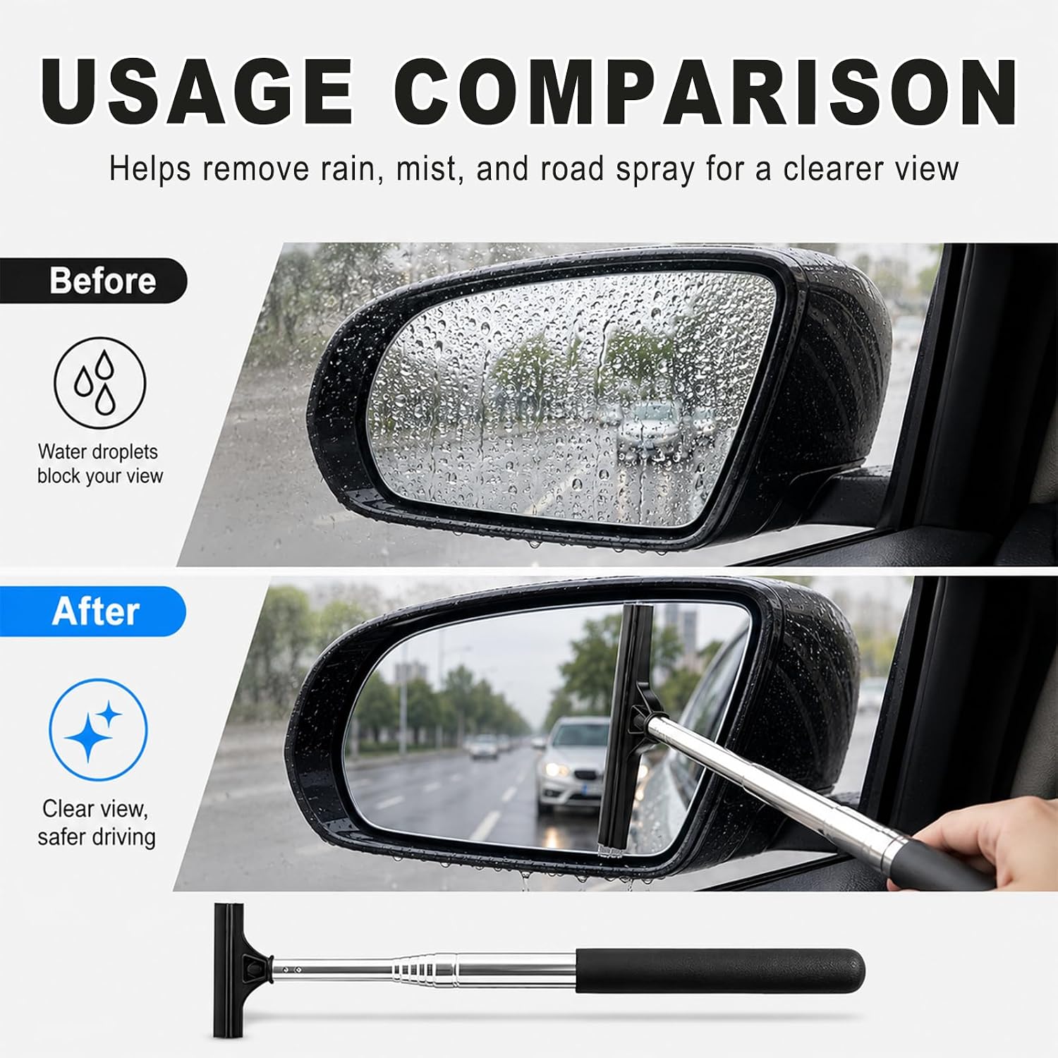 Car Side Mirror Squeegee, Retractable Vehicle Rearview Mirror Wiper, 38.58 in Long Handle Water Cleaner, Portable Auto Glass Cleaning Tool for All Vehicles, Car Accessories, Black
