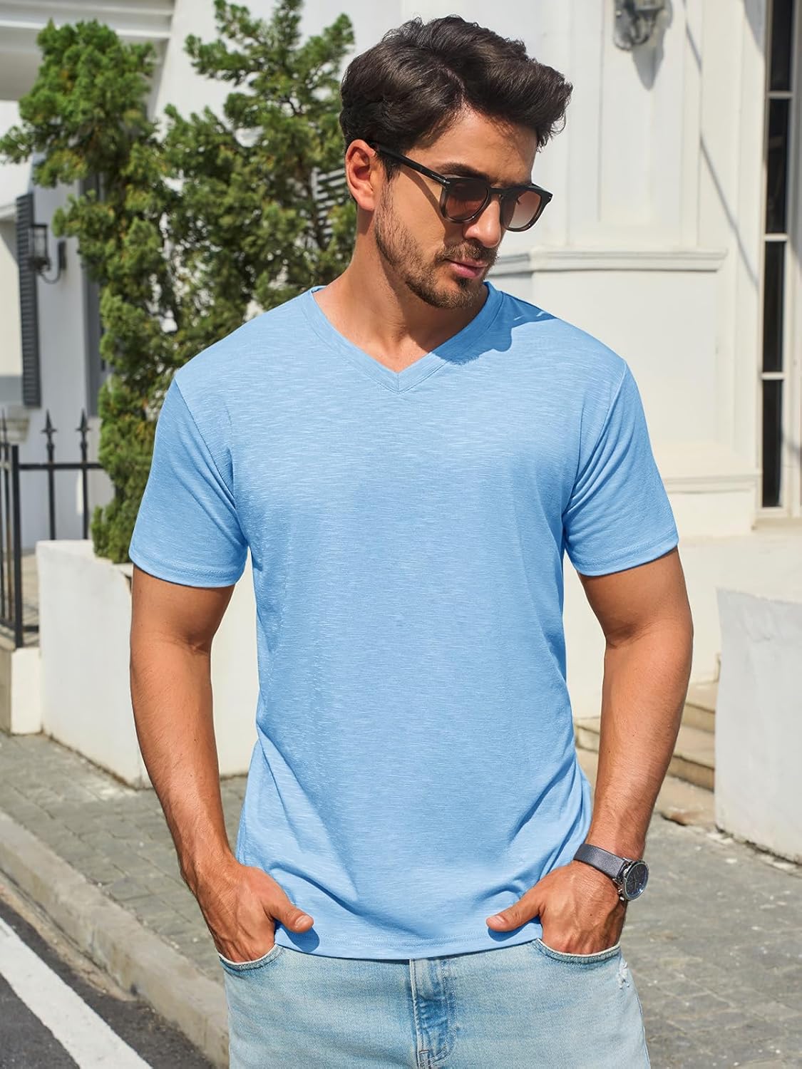 Runcati Mens T-Shirts Short Sleeve V Neck Casual Classic Shirt Summer Stretchy Regular Fit Lightweight Tees - Image 2