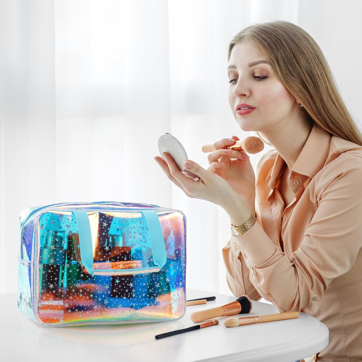 TPU Clear Makeup Bag for Women Waterproof Star Make Up Bag Toiletry Bag Travel Durable Cosmetic Bag Large Cute Tote Bag Organizer Makeup Pouch, Rainbow Blue - Image 5