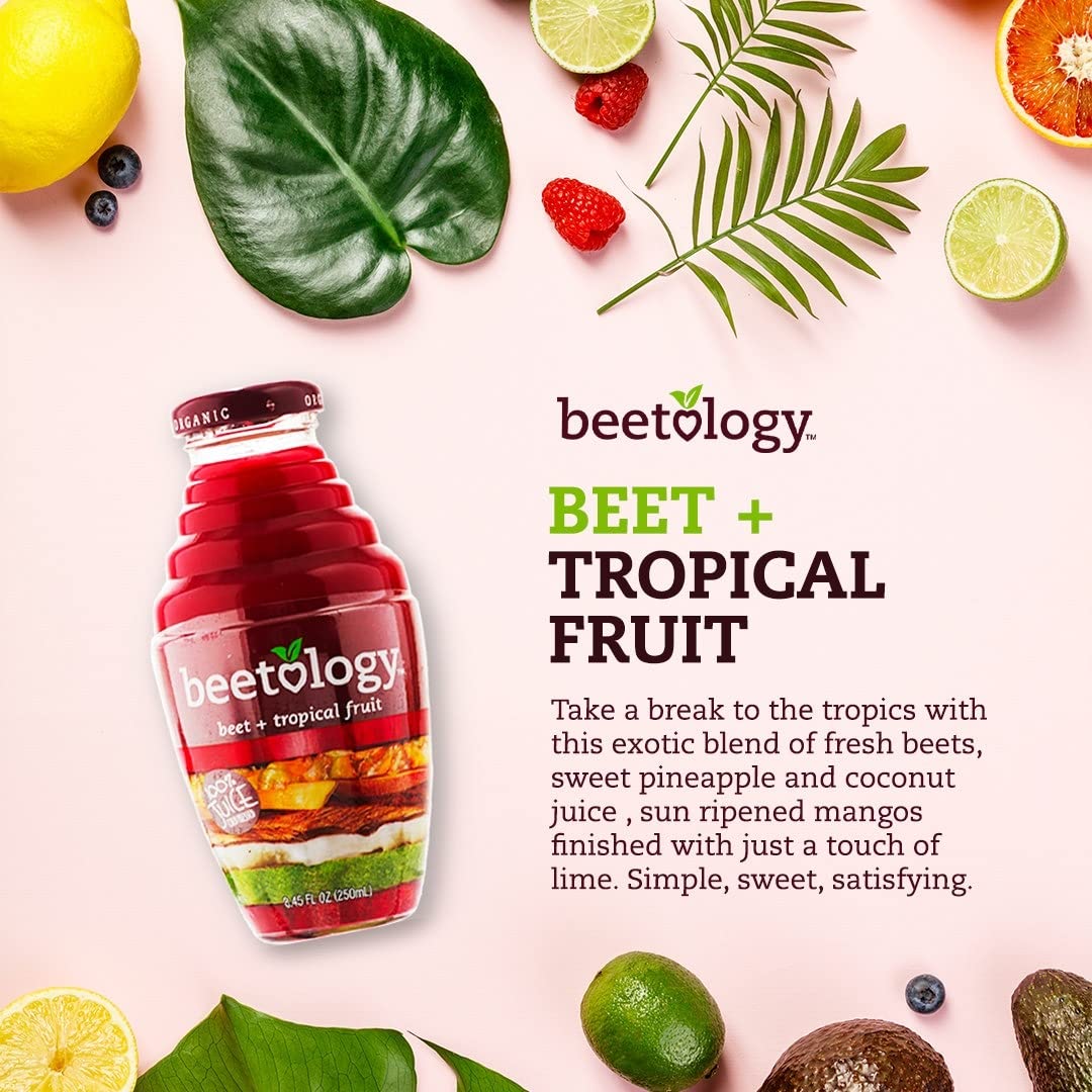 Beetology Organic Beet and Tropical Juice, 8.45oz (6 Pack) | 100% Cold Pressed | Heart Healthy | Nutrient Packed Vegetable Juice | Vibrant Flavor | Wonder Beet