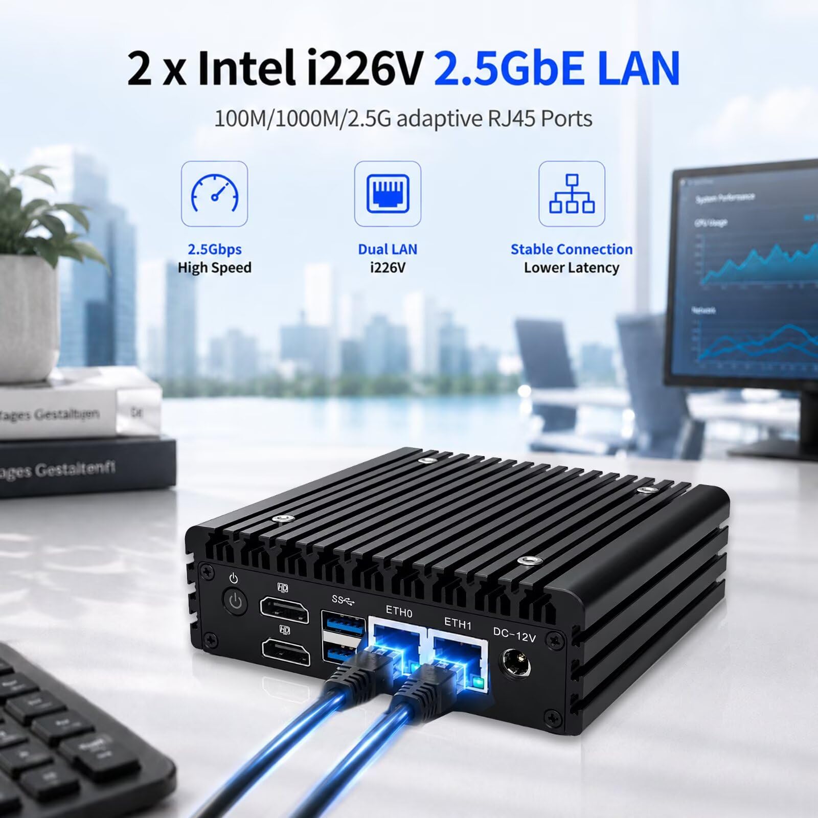 Micro Firewall Appliance, Fanless Mini PC N100 4C/4T, 2X 2.5 GbE i226V LAN,AES-NI,DDR5 0G SSD 0G NVME Barebone Router Netzwerk Security 6USB/2HD Dual Display