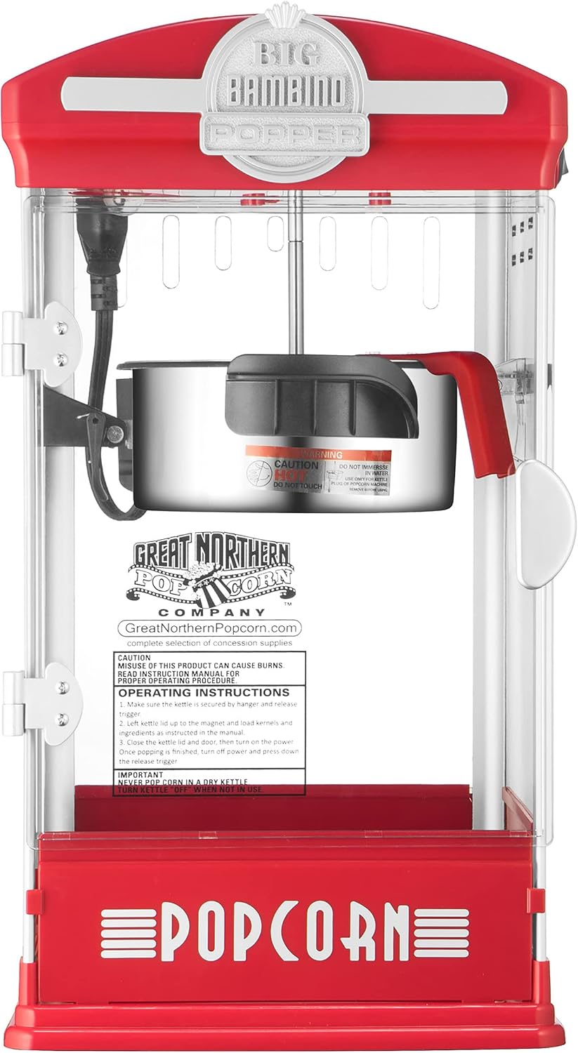 Great Northern Popcorn Big Bambino Popcorn Machine - Old Fashioned Popcorn Maker with 4-Ounce Kettle, Measuring Cups, Scoop and Serving Cups (Red), 10.8" x 9.7" x 19.5"