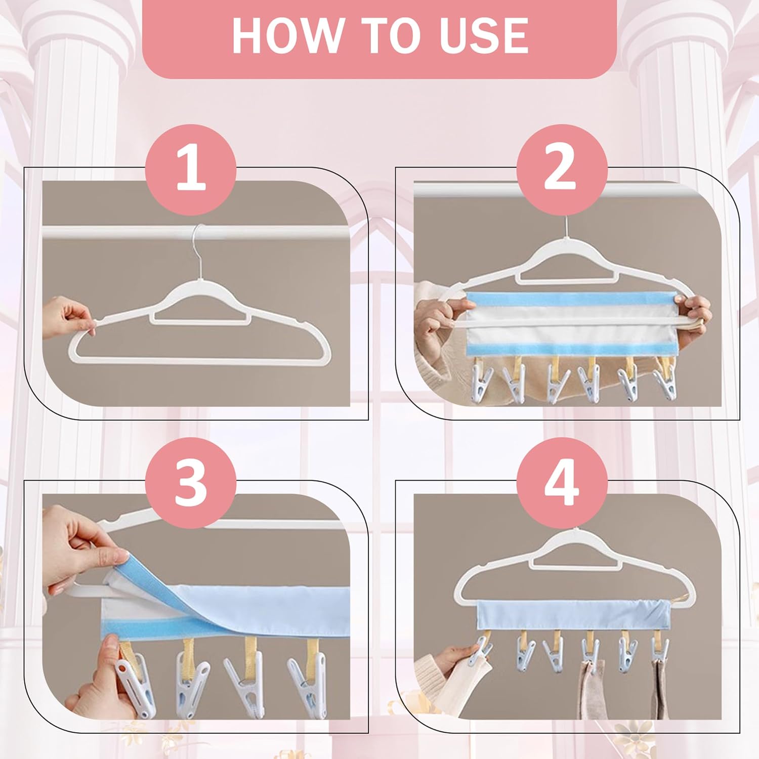 4pcs Travel Drying Rack, Foldable Hangers, Portable Travel Drying Rack with Non-Slip Clips, Blue, Fits 2.5cm/0.98inch Rod