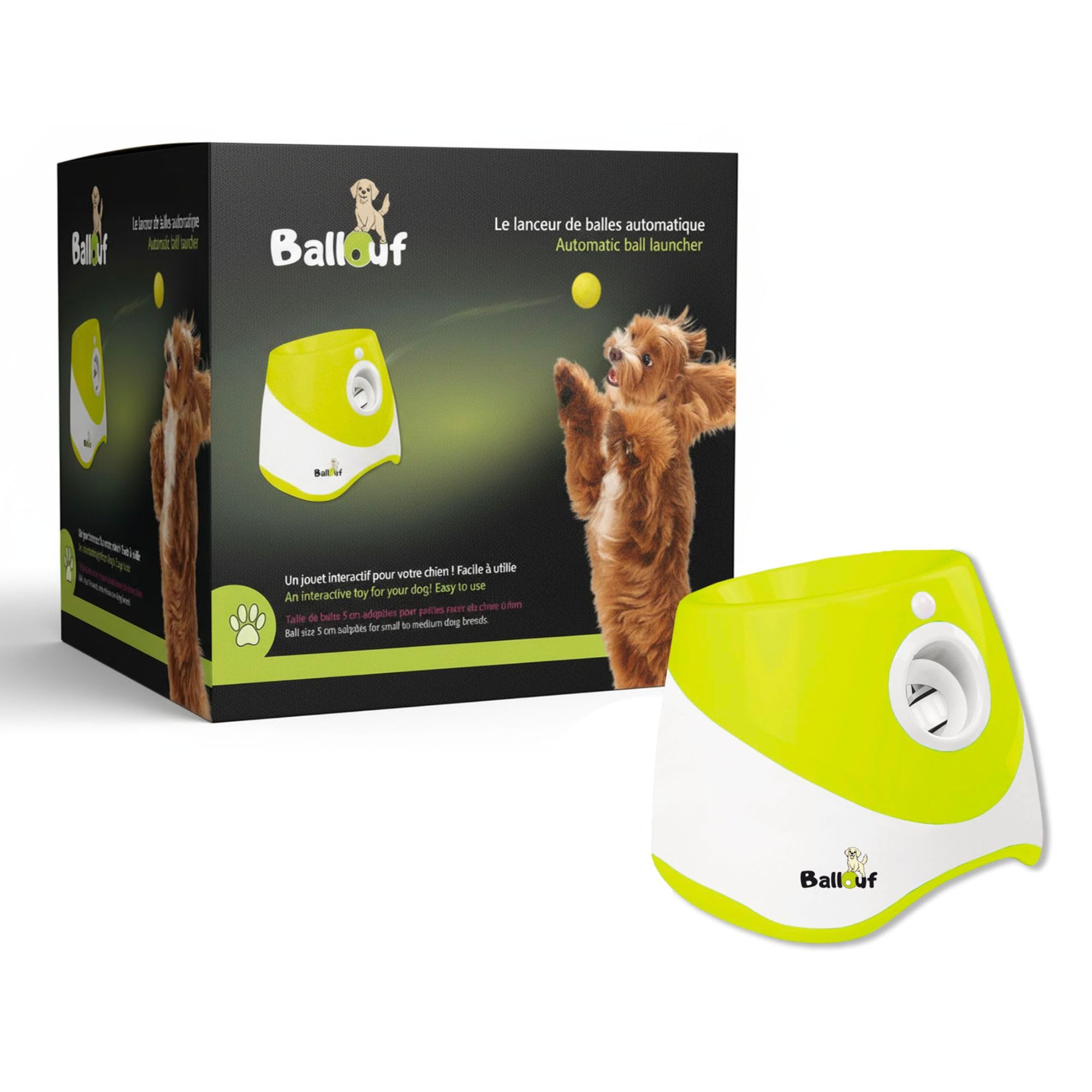 Climsom Lanzador Automático de Pelotas para Perros Ballouf Juguete Interactivo con 6 Pelotas - Batería Recargable 5h - 3 Distancias Ajustables - Idea
