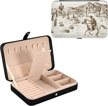 Jewelry Box Portable Travel Jewelry Organizer Storage Western Desert Cowboy Jewelry Travel Case for Necklace, Earrings, Rings, Bracelet