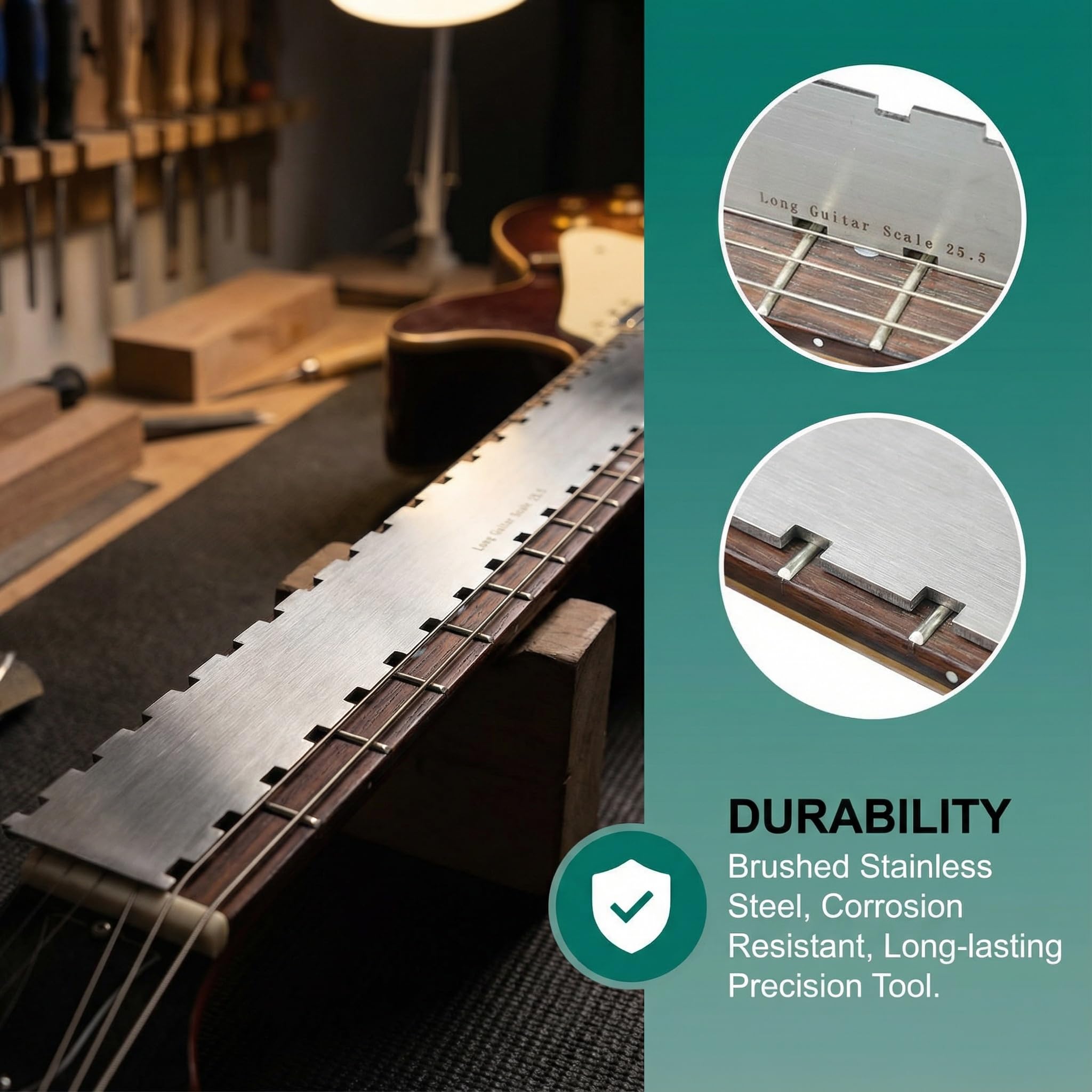 Righello per Liutai 42 cm - Collo della Chitarra Dritto, Bordo Dritto in Acciaio Inox, Strumento di Misurazione Dentellato per Tastiera e Tasti