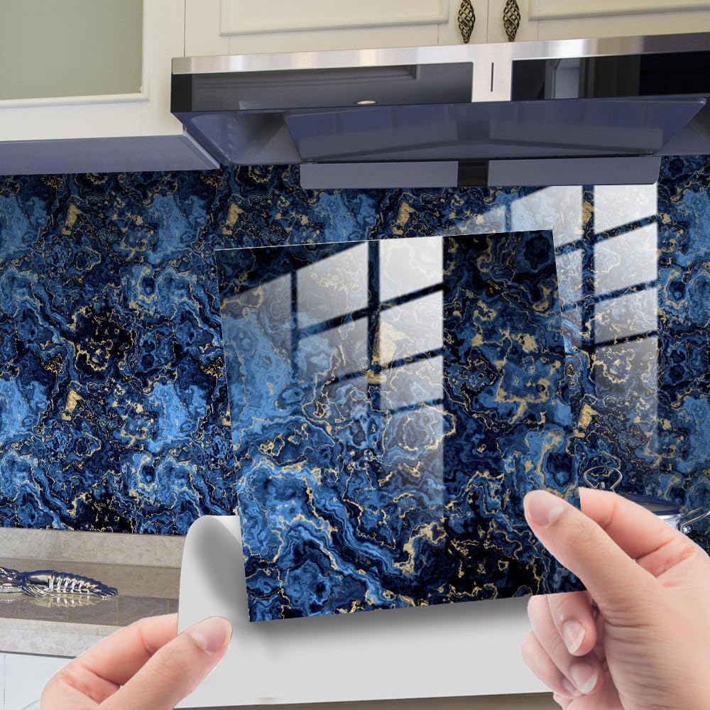 Lukery 20 PCS Tile Stickers, Self Adhesive Wall Tiles for Kitchen Bathroom, Oil Proof Peel and Stick DIY Floor Marble Pattern Wall Tiles (Blue Marble, 10x10cm)