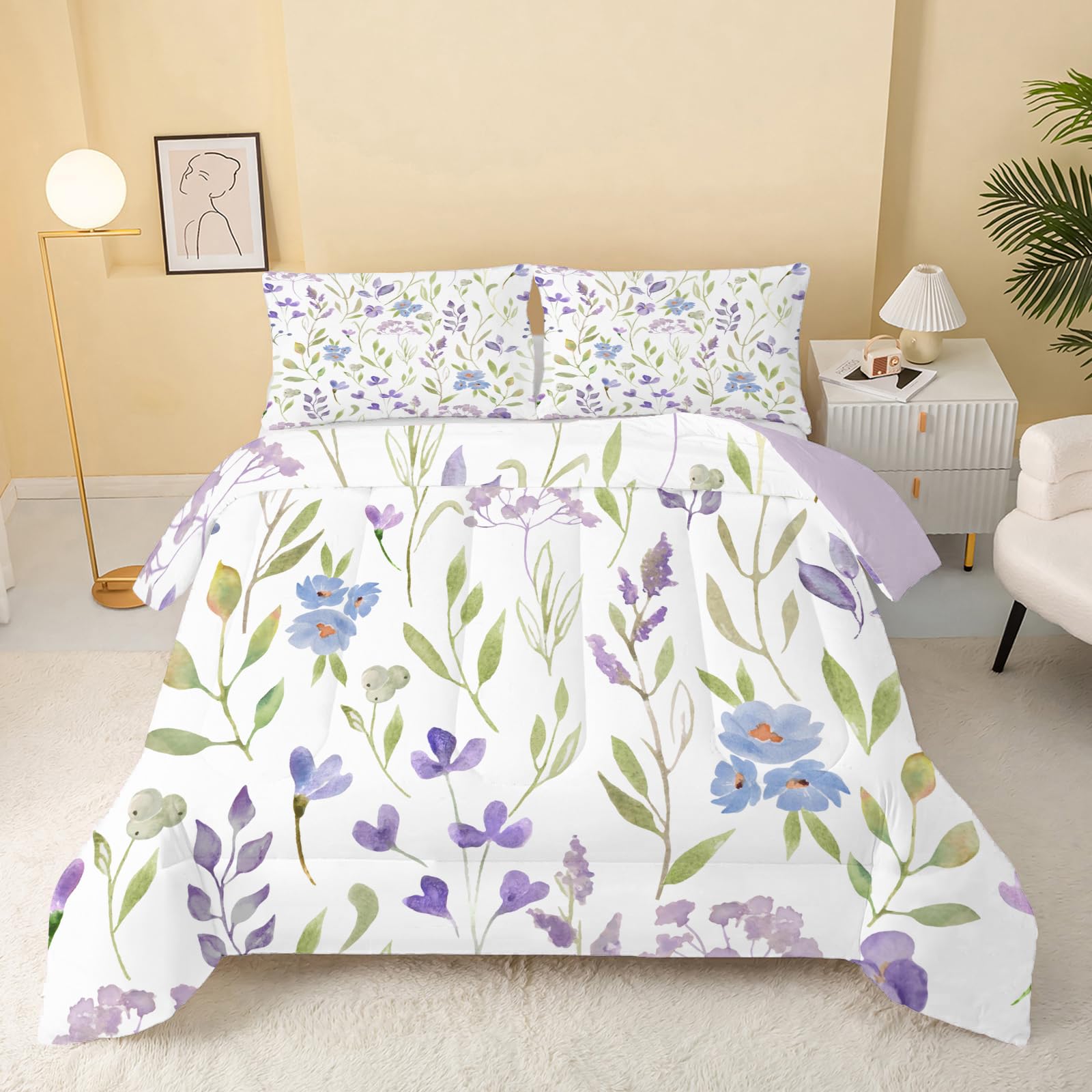 dyausi Floral Duvet, Coverless Duvet Single Duvet 7.5 Tog, Reversible Leaves Plants Comeforter Set for All Season, Lightweight Machine Washable Single Quilt 135x200, Purple