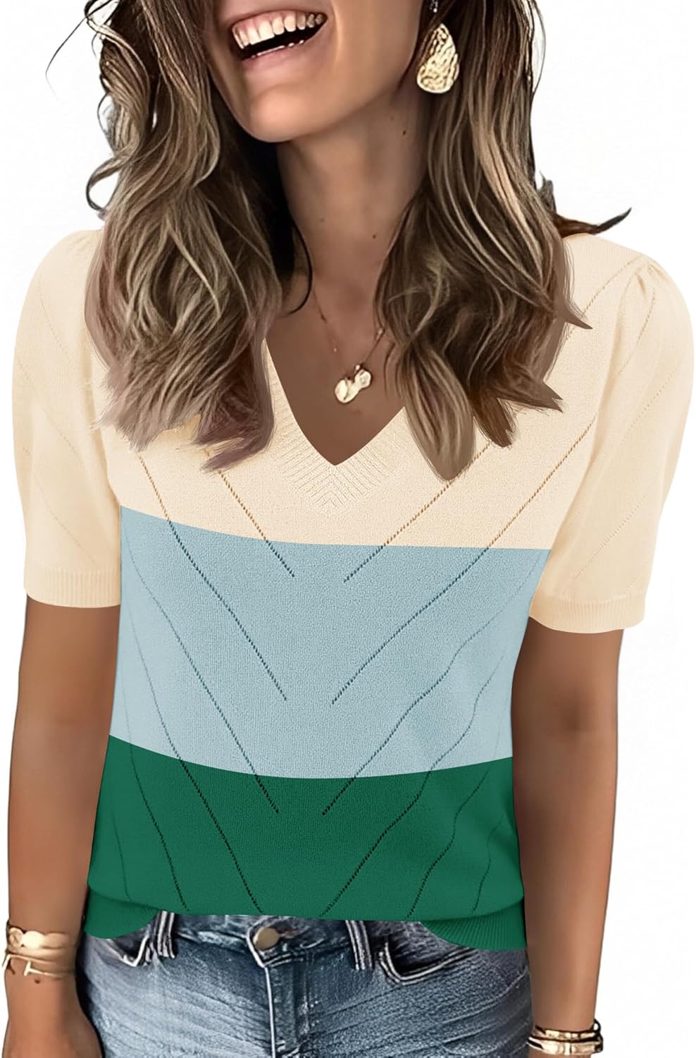 LOMON Womens Sweaters Puff Short Sleeve Lightweight Knit Summer Fall Tops Dressy V-Neck Work Blouses Business Casual Outfits