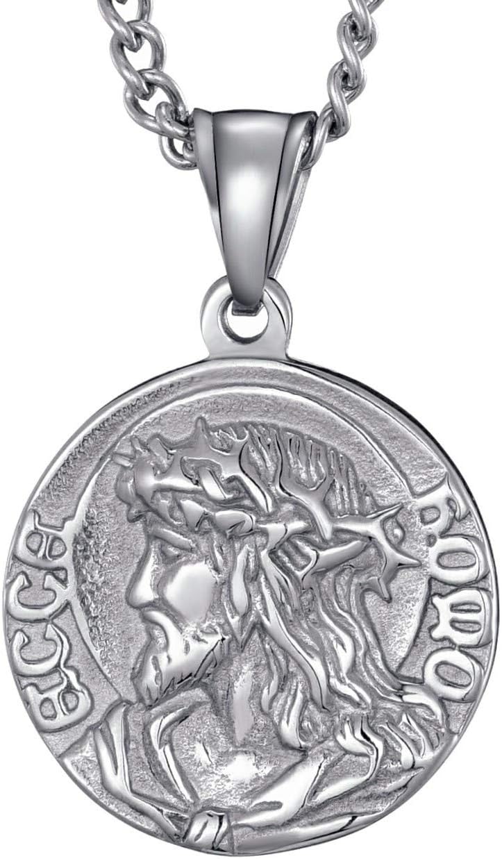 MOO&LEE Mens Stainless Steel Crown of Thorns Head of Jesus Christ Pendant Necklace Round Medal Prayer Coin Pendant with Link Chain