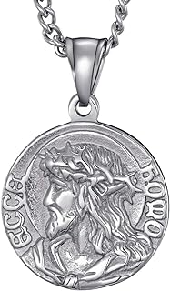 MOO&LEE Mens Stainless Steel Crown of Thorns Head of Jesus Christ Pendant Necklace Round Medal Prayer Coin Pendant with Link Chain