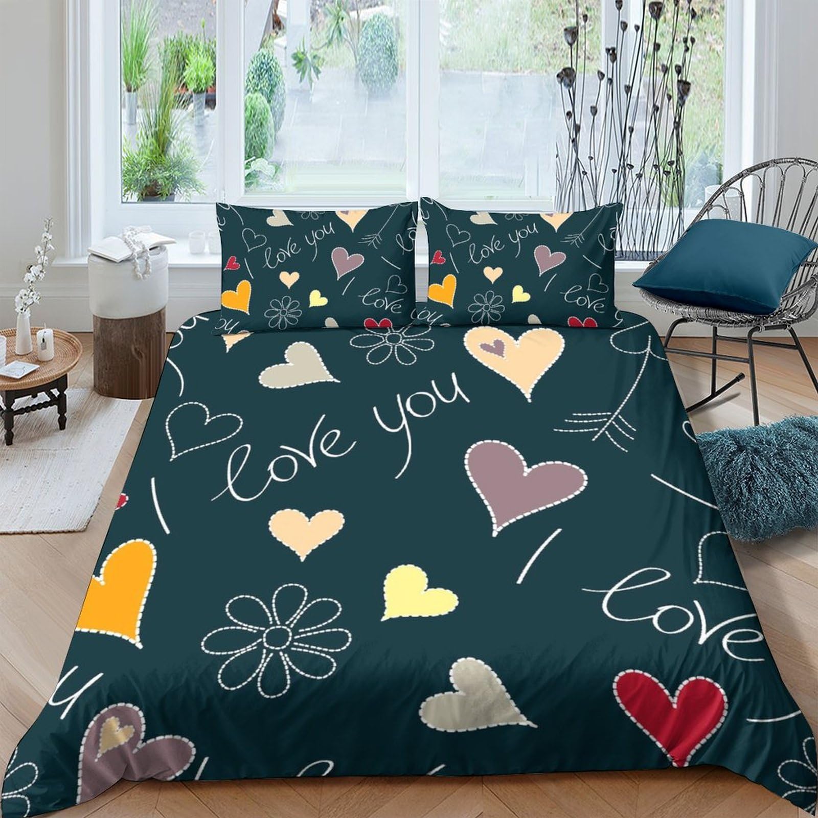 Ctjqhvkz Style-3 3D Printed Love Heart Fitted Sheet Microfiber Anti-Slip Romantic Doodle Bed Cover For Bedroom Guest Room Decor Single（135X200cm）