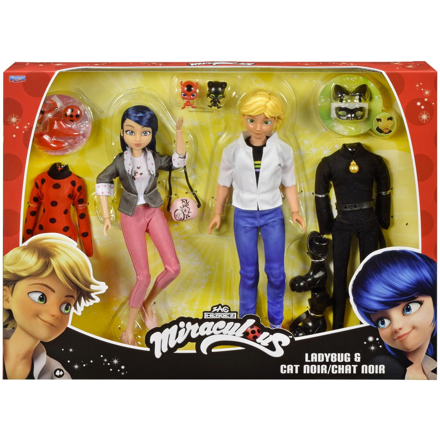 BANDAI – Miraculous – Confezione 2 bambole Marinette e Adrien con 2 abiti (Ladybug e Chat Noir) – Set regalo Miraculous 2 figure 26cm – Idea regalo per bambini – Giocattolo dai 4 anni in su – P50359