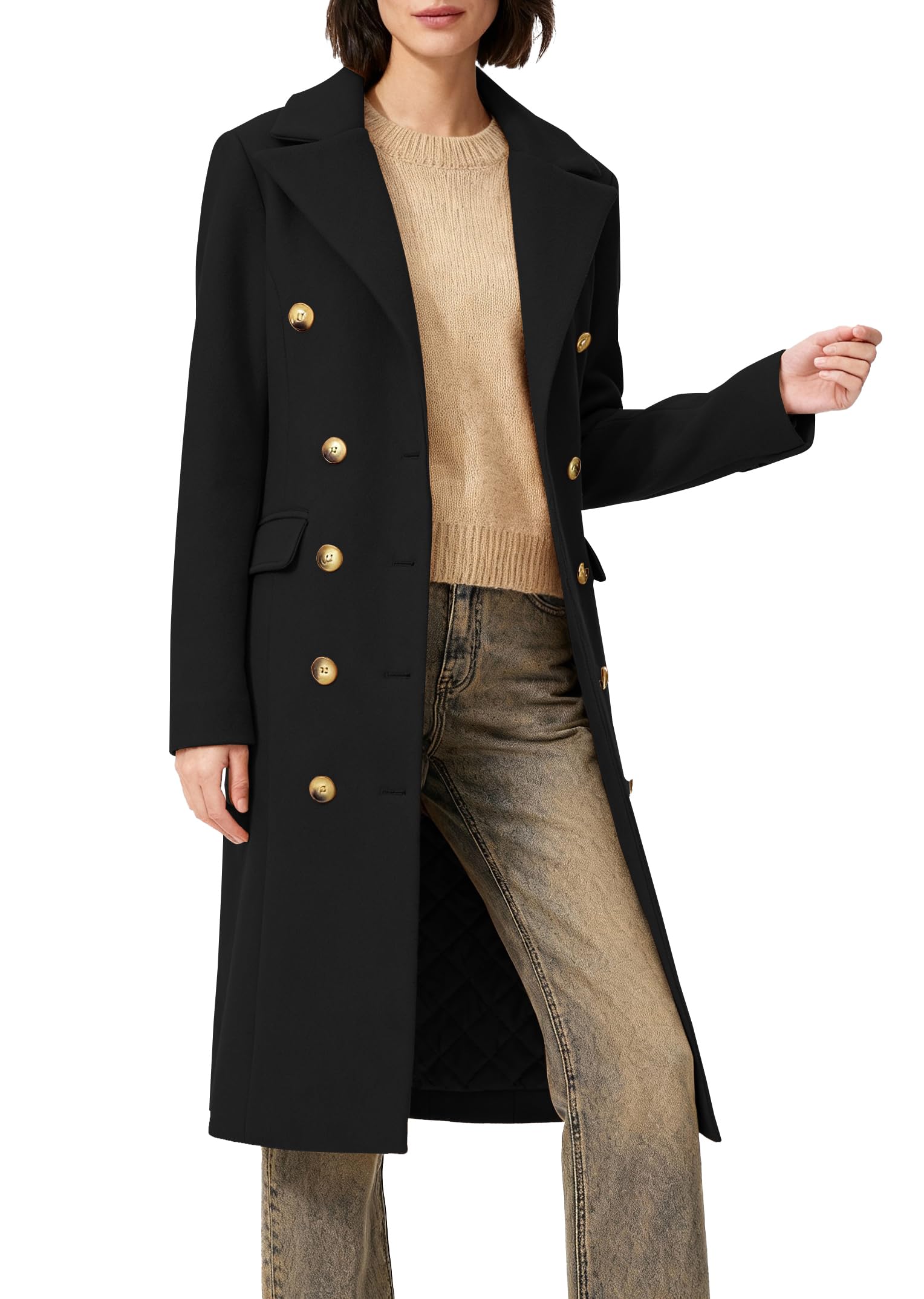 Womens Long Coat for Winter Classic Notch Lapel Peacoat Double-Breasted Casual Long Sleeve Fall Overcoat