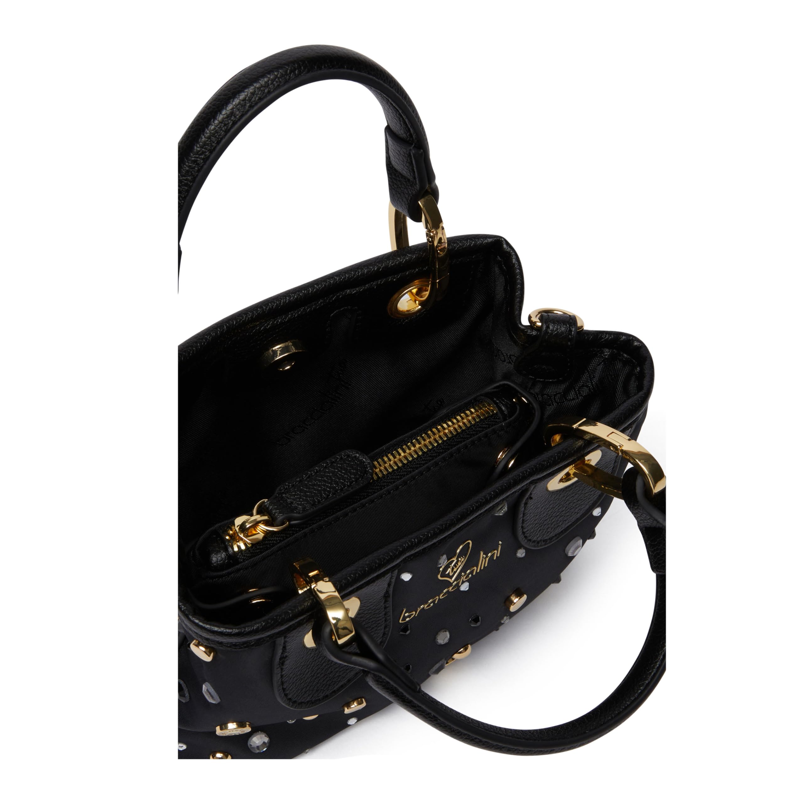 Braccialini Beth Strass Borsa a mano di piccole dimensioni con doppi manici, chiusura con clip e tracolla in nastro logato rimovibile e regolabile che ne permette la doppia portabilità. All'interno