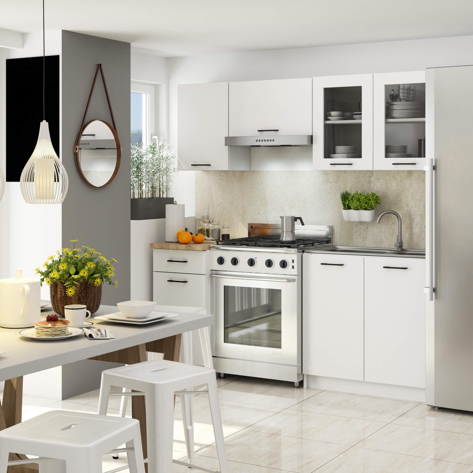 AKORD Küchenmöbel-Set OLIWIA 1.8m Modulares 180 cm 7 Türen 1 Schublade 8 Regalböden, Küche Komplett, Kitchen Cabinet Set, Küchenschränke, Standschränke, B180xH203xT46 cm, Weiß & Weiß