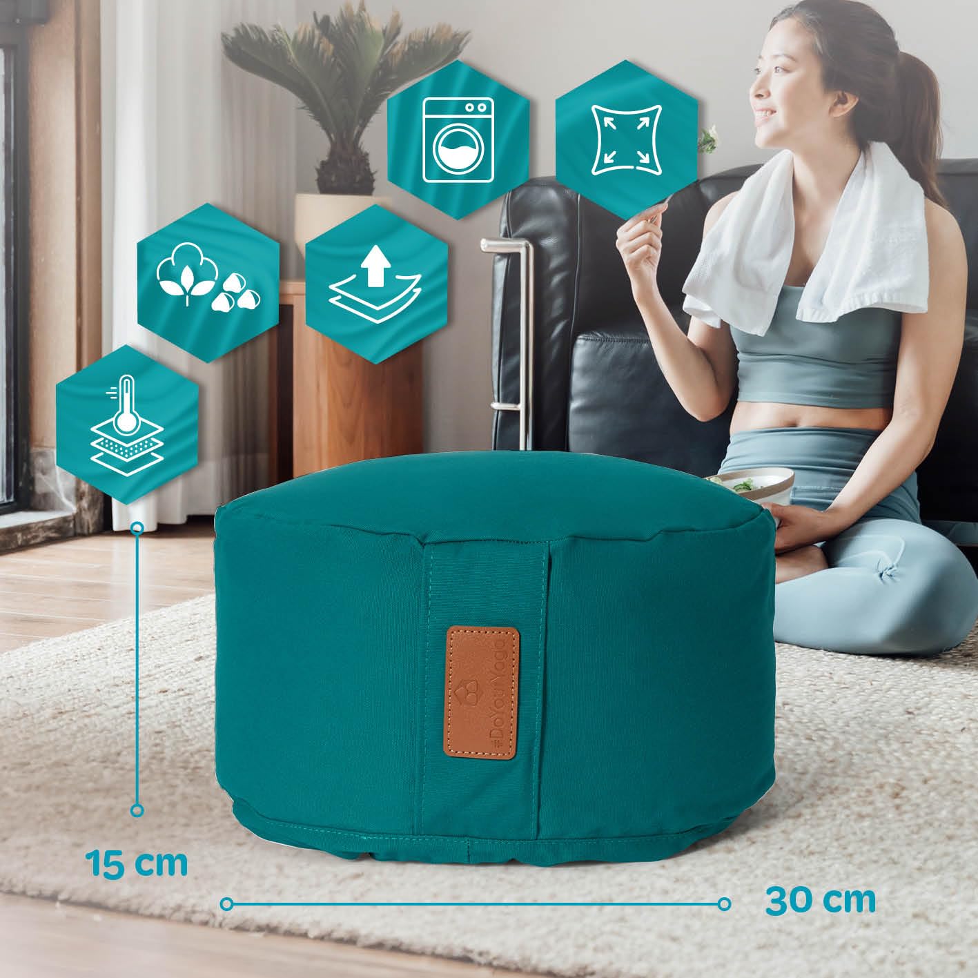 Cuscino da yoga »Vishnu« chiusura con cordoncino & pula di farro bio (coltivaz. biolog. controllata) / altezza ca 15cm e ca. 30cm diametro - ideale come cuscino yoga / cuscino zafu / cuscino meditazione / supporto meditazione / elevato comfort alla seduta
