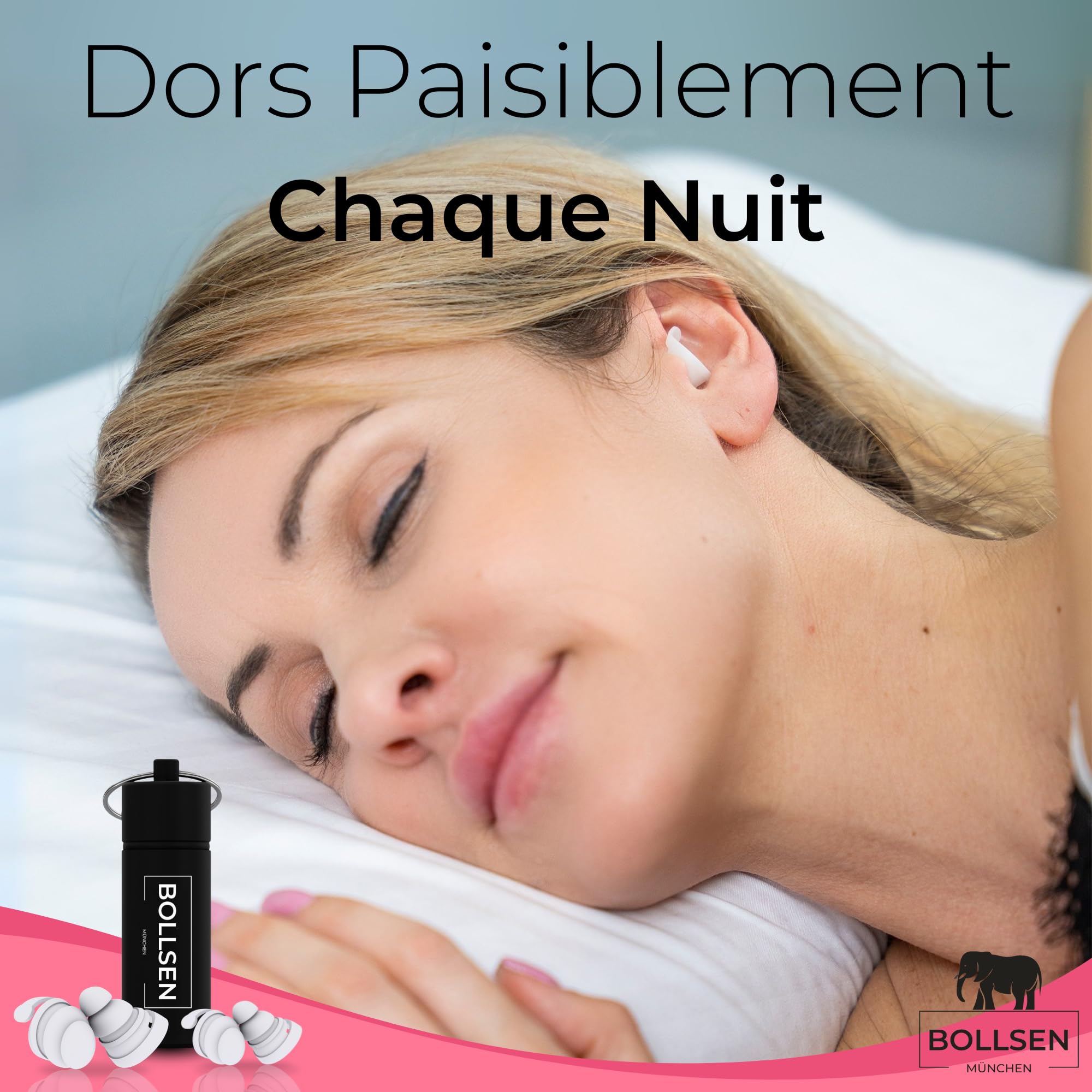 BOLLSEN Life+ Pink Bouchons d’oreilles pour dormir - Bouchons d’oreilles en silicone avec 2 tailles (S & M)-Réduction du bruit SNR 24 dB -Confortables jour et nuit - Durables et réutilisables 100x (3)